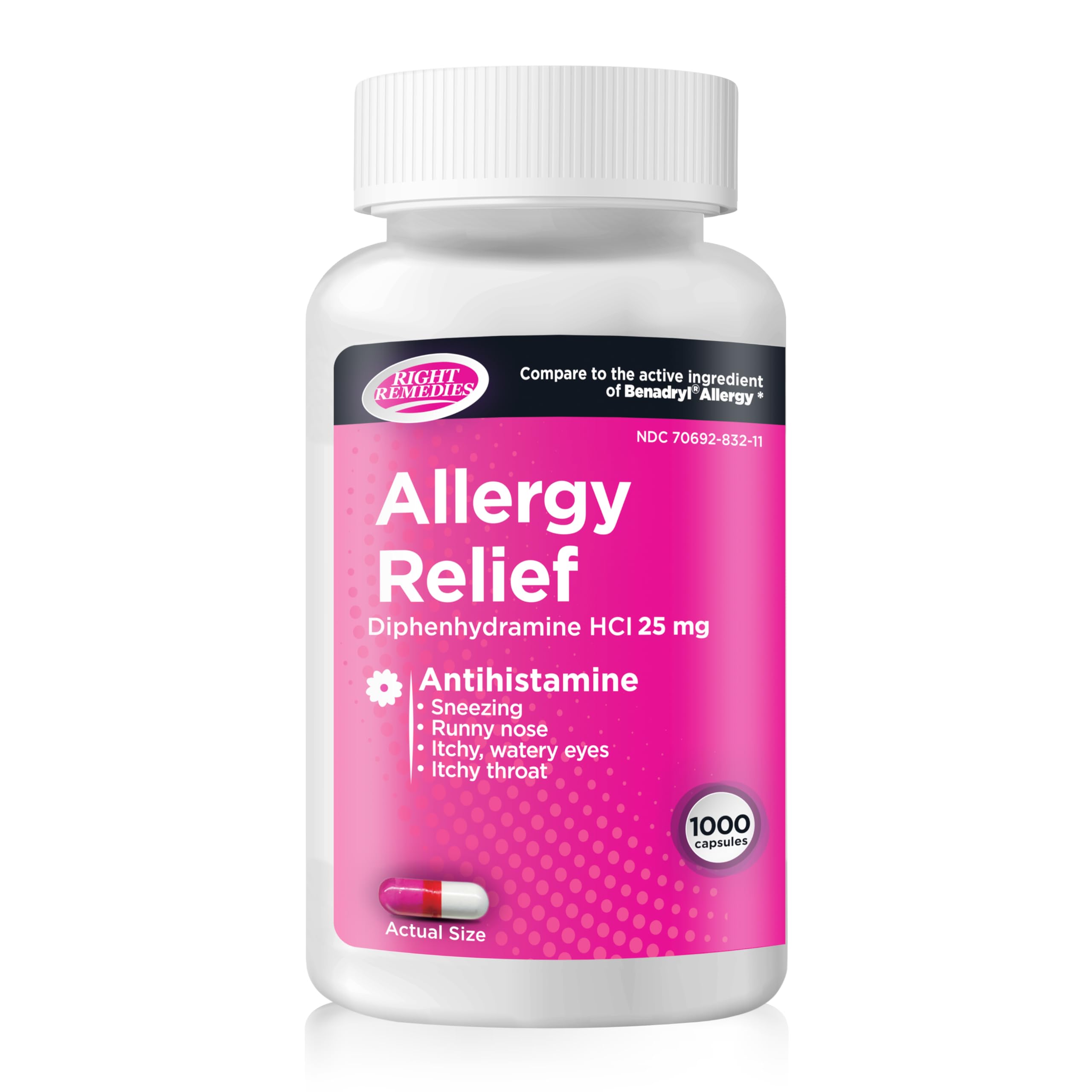 Allergy Relief, Antihistamine, Diphenhydramine HCL 25mg, Relieves Seasonal Indoor or Outdoor Allergies, Runny Nose, Sneezing Allergy Relief (1000 Capsules)