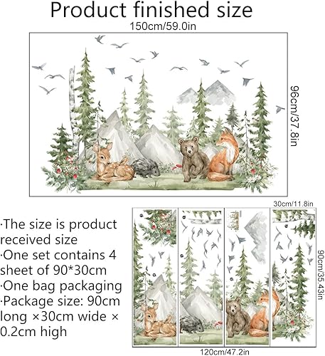 Miniatura 6 de Adhesivo de pared gigante de 38 x 59 pulgadas, diseño de árbol de bosque de montaña, bosque, ciervo, oso, zorro, pájaros, calcomanías de pared 3D