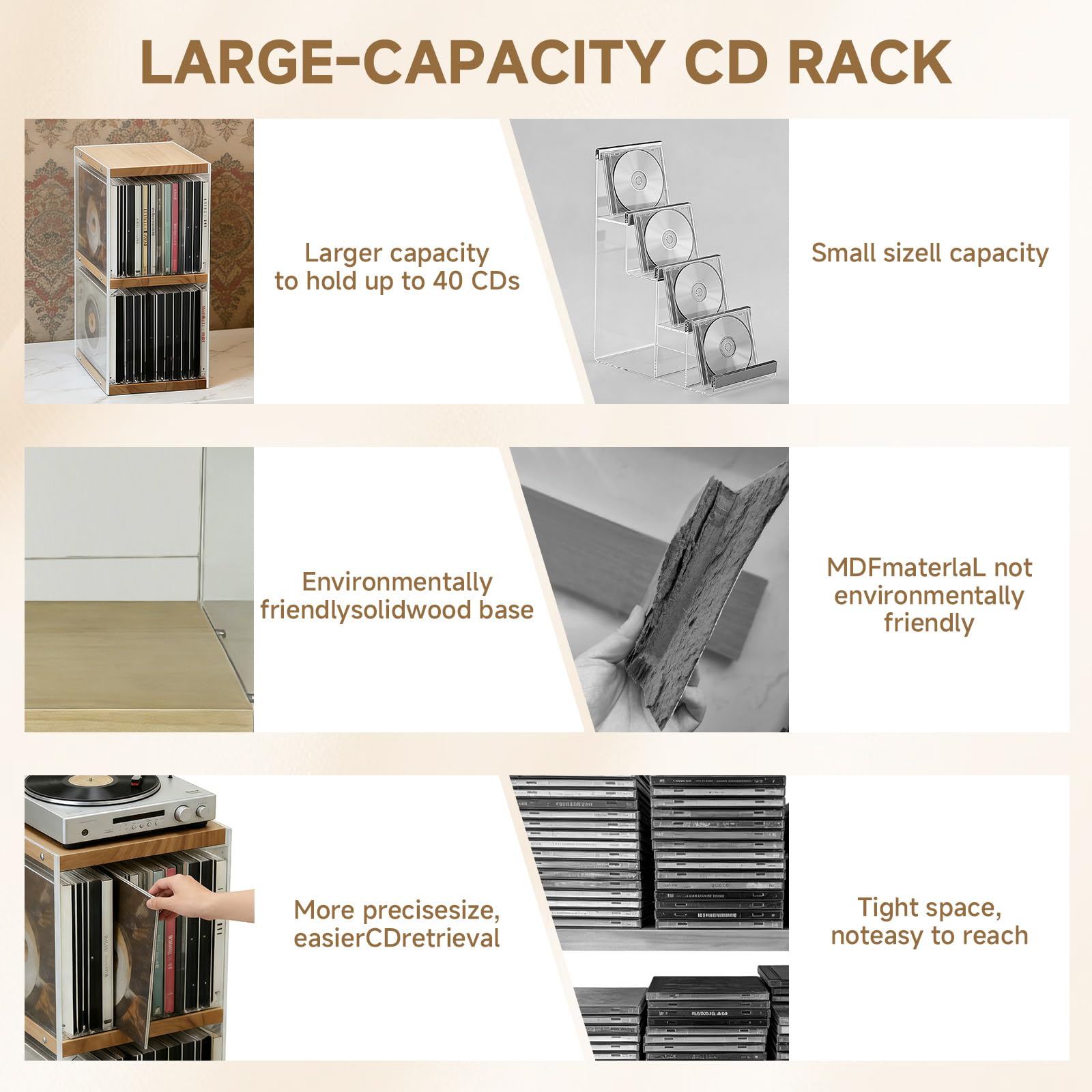 CD Holder Desk Rack Organizer, 8.2*5.9*12.4 In CD Storage Units, Natural Wood CD Storage Rack Holds 30 CD Case, 55 DVDs in Slim Cases, and 130 Discs in CD Sleeves, Organizer for CD & DVD — view 7