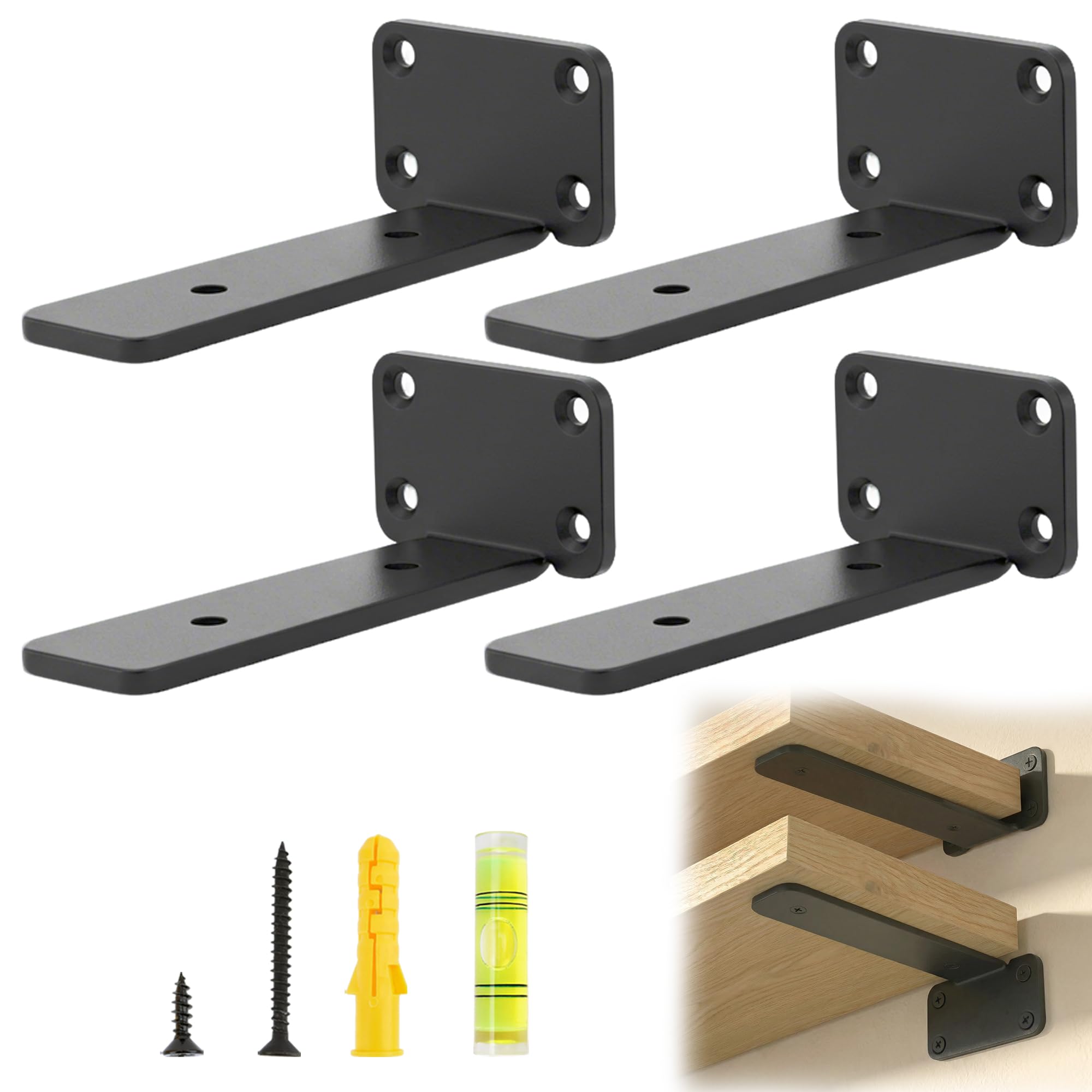 ERMWALR 4Pcs Heavy Duty Shelf Brackets 10cm,Scaffold Board Shelf Brackets,Black Wall Mounted L Shape Hidden Bracket with Screws Cold Rolled Steel Floating Shelving Supports for Kitchen Living Room