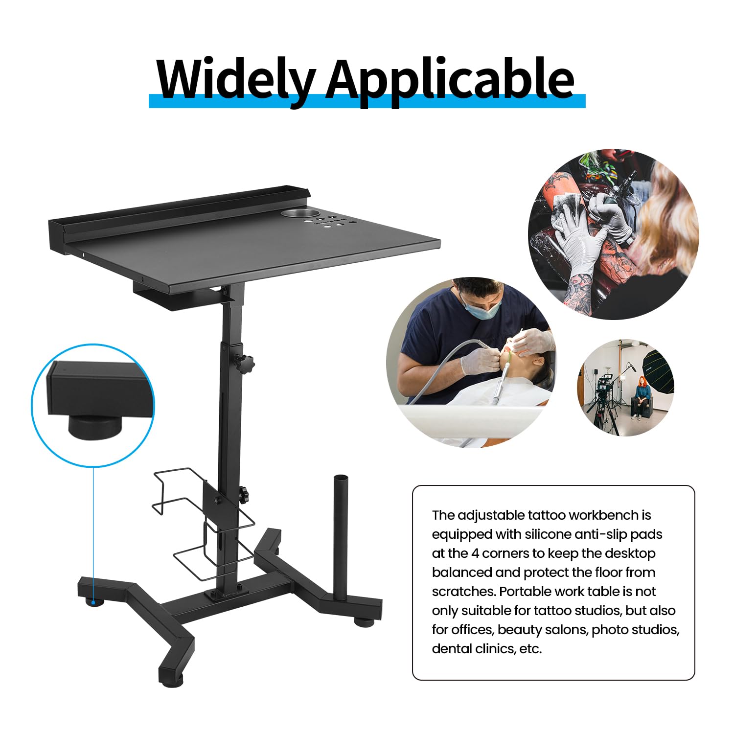 Estación de trabajo de tatuajes, bandeja de salón de tatuajes, mesa de trabajo portátil con estante de almacenamiento desmontable, soporte de reposabrazos de tatuaje de altura ajustable, escritorio