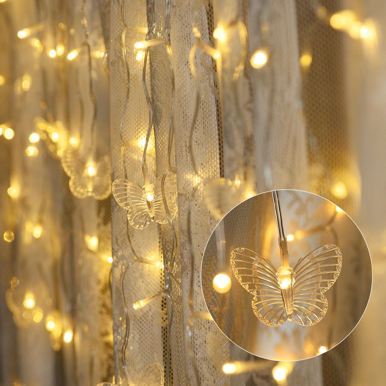 Dailyart Butterfly String Lights, 48 LED 10.9FT Butterfly Curtain Lights 8 Modes USB Power with Remote Control Butterfly Decorations for Bedroom, Room, Wall, Party, Ceiling, Wedding, Christmas