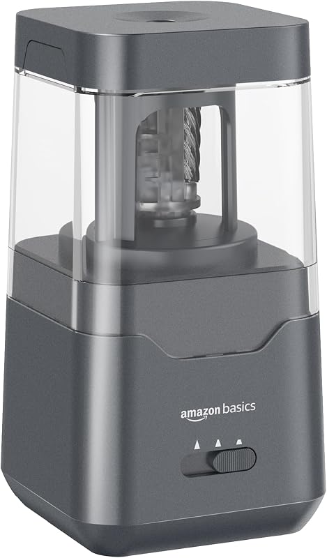 Amazon Basics Sacapuntas eléctrico portátil, fácil de usar, versátil, hoja helicoidal, parada automática, funciona con batería/cable USB, negro, 2,87 x 2,87 x 5,3 pulgadas