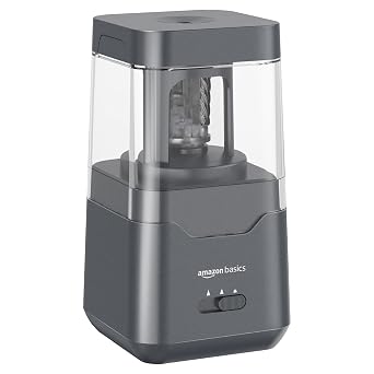 Amazon Basics Portable Electric Pencil Sharpener, Easy to Use, Versatile, Helical Blade, Auto Stop, Battery/USB Cord Operated, Black, 2.87 x 2.87 x 5.3 in