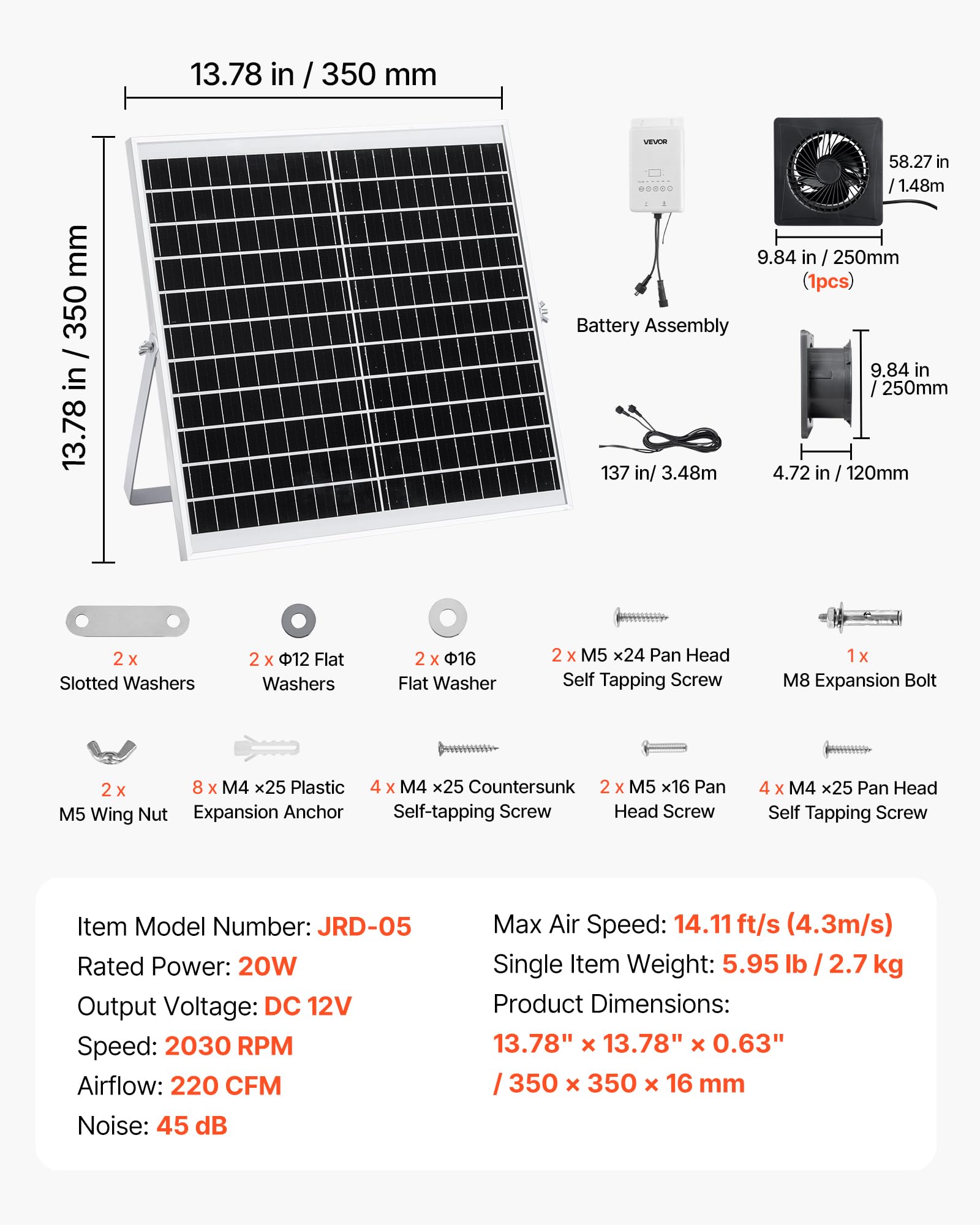VEVOR Ventilateur Solaire avec Panneau Solaire 20 W et Batterie, Extracteur d'air, Débit d'air 374 m³/h, Angle Réglable, pour Serre, Tente de Culture, Poulailler et Abri, Boîtier en Alliage d'Alu
