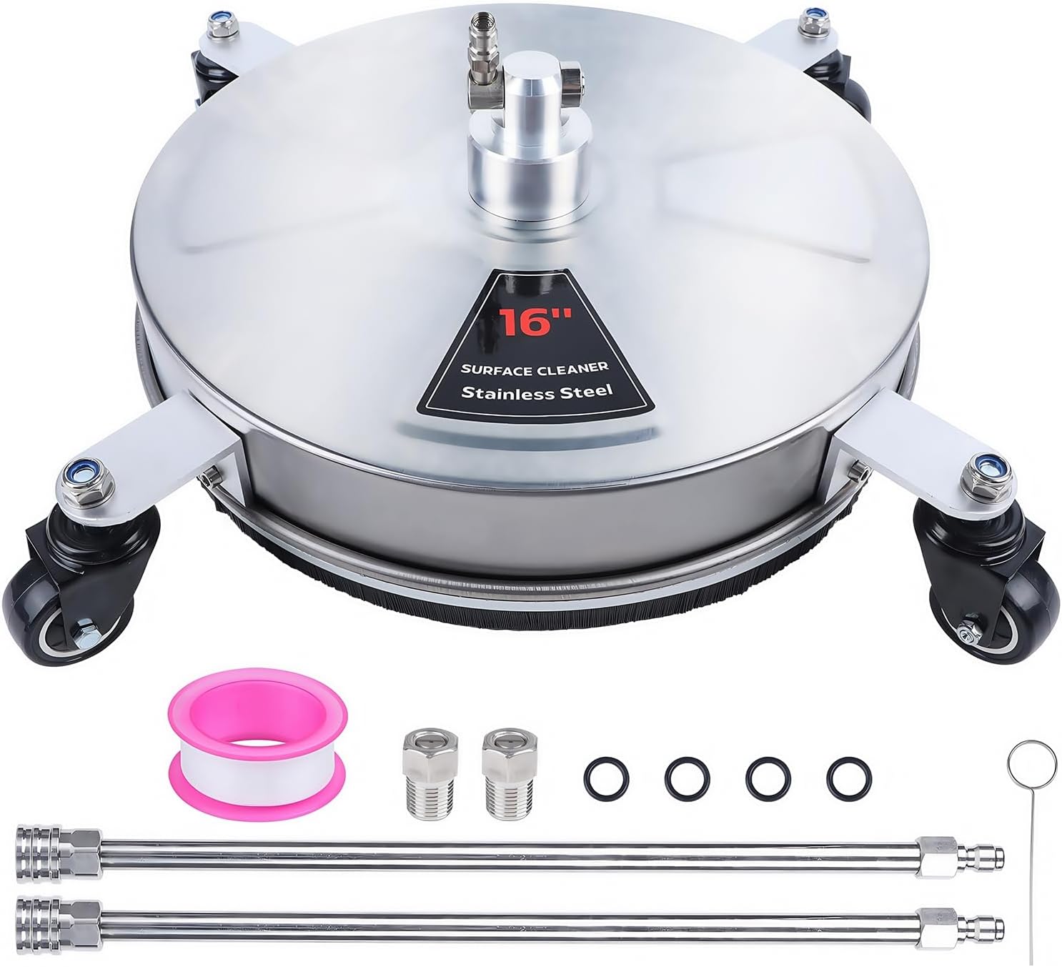 Biswing 16" Pressure Washer Stainless Steel Surface Cleaner with 4 Wheels & 1/4" Quick Connector, Power Washer Attachment with 2 Extension Wand, 2 Replacement Nozzles, 4000 PSI