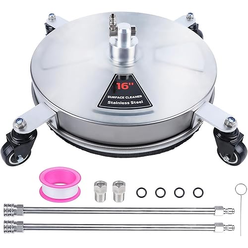 Biswing 16" Pressure Washer Stainless Steel Surface Cleaner with 4 Wheels & 1/4" Quick Connector, Power Washer Attachment with 2 Extension Wand, 2 Replacement Nozzles, 4000 PSI