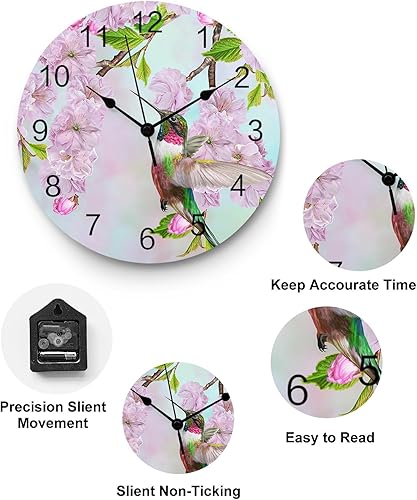 Miniatura 6 de Hummingbird - Reloj de pared de PVC con flores rosadas, silencioso, sin tictac, funciona con pilas, reloj redondo para el hogar, sala de estar,