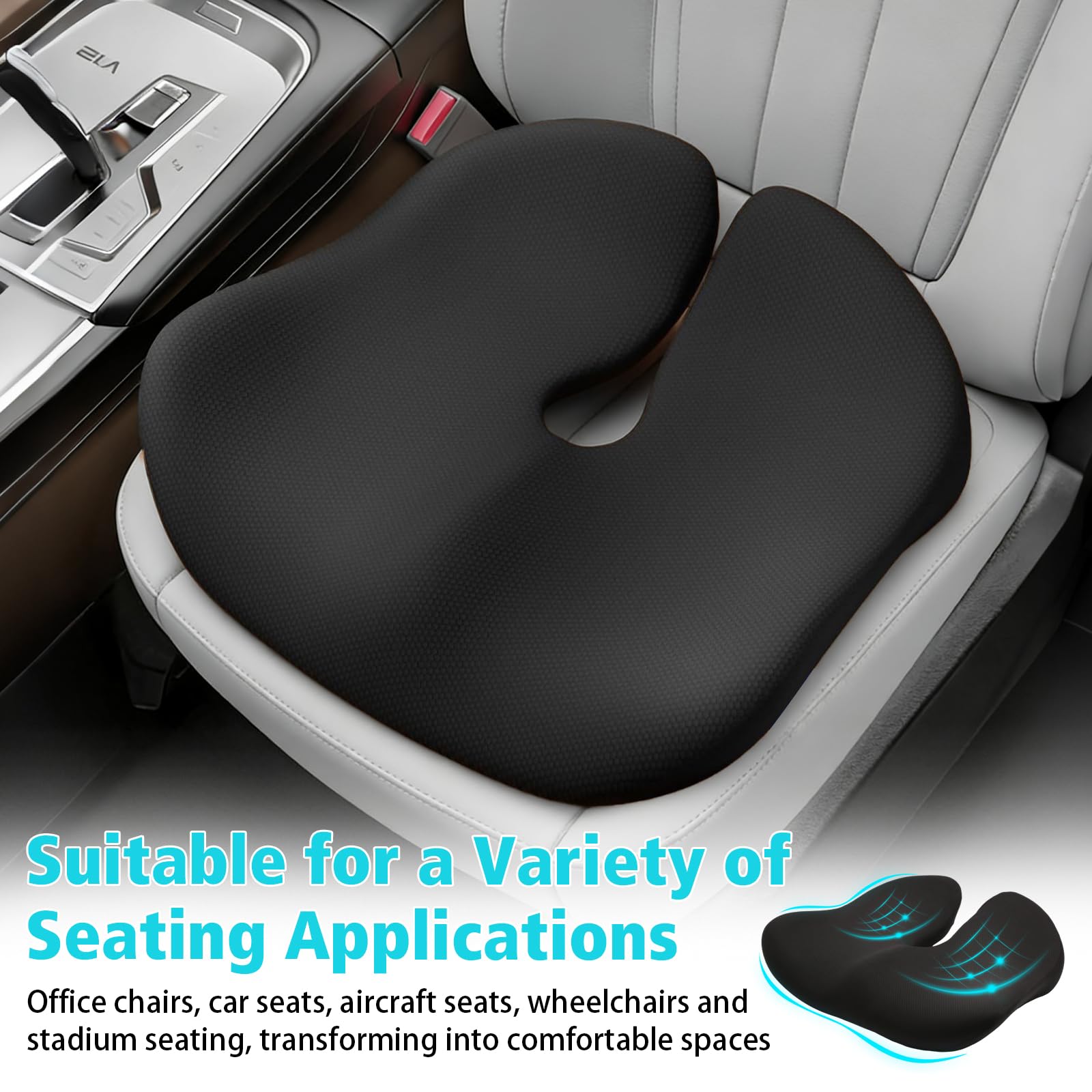 Cuscino per coccige in memory foam, per auto e ufficio, sollievo dalla pressione per sciatica e mal di schiena, con intaglio a forma di U, base antiscivolo per lunghi viaggi e seduti