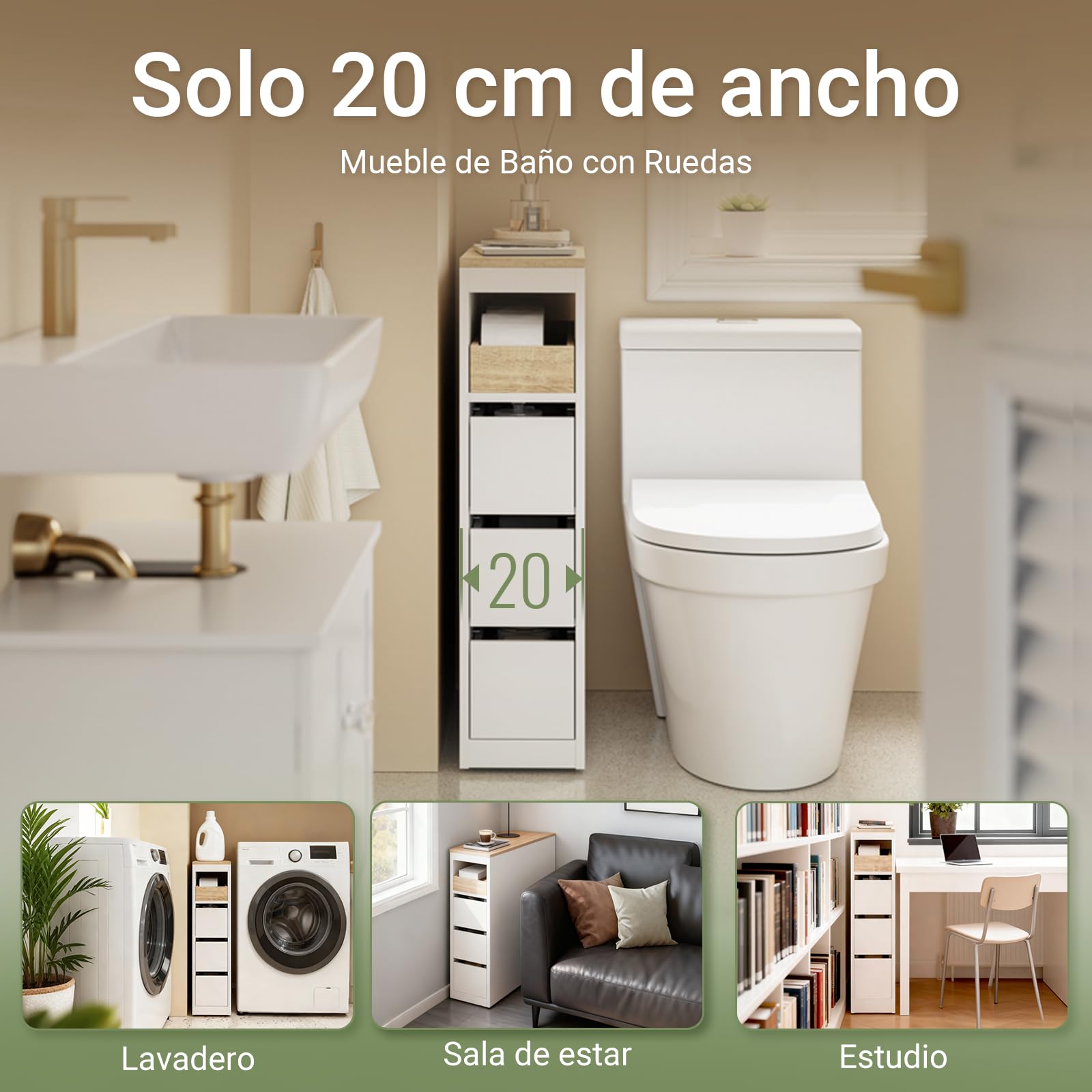 SoBuy Mueble Estrecho con Ruedas de 20cm, Muebles Auxiliares de Baño con 3 Cajones, Organizador Baño Armario para WC y Cocina, 60x20x82,3cm Blanco | Armario de baño estrecho de madera compacto para inodoro pequeño y cocina, color blanco, BZR54-K-W