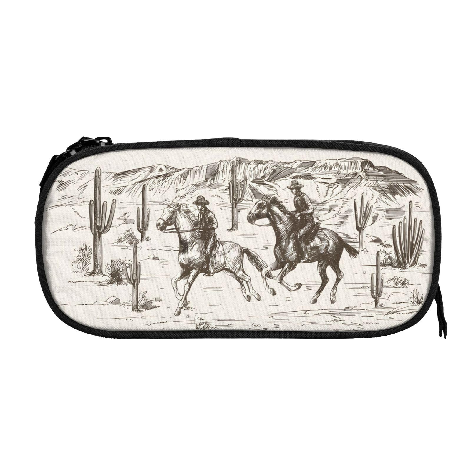 Western Desert Cowboy Pencil Case for Boy, Retro Men Large Capacity Pencil Pouch with Zipper, Multifunction Office School Pencil Box, Student Pen Holder Organizer Stationery Bag for Teen