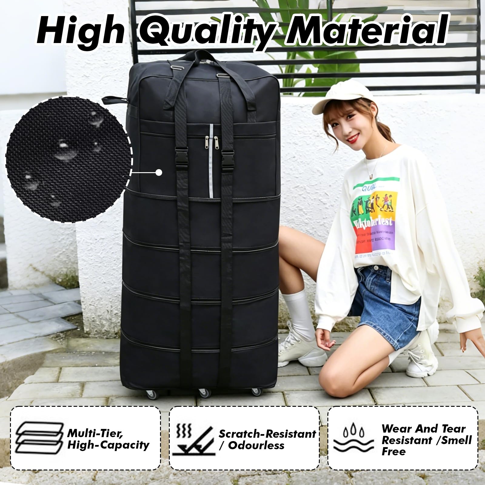 Bolsa de Viaje con Ruedas, 110 cm Bolsa de Viaje Plegable Expandible con Ruedas y Correa de Hombro, Almacenamiento para Hombres y Mujeres, 110 x 52 x 30 cm