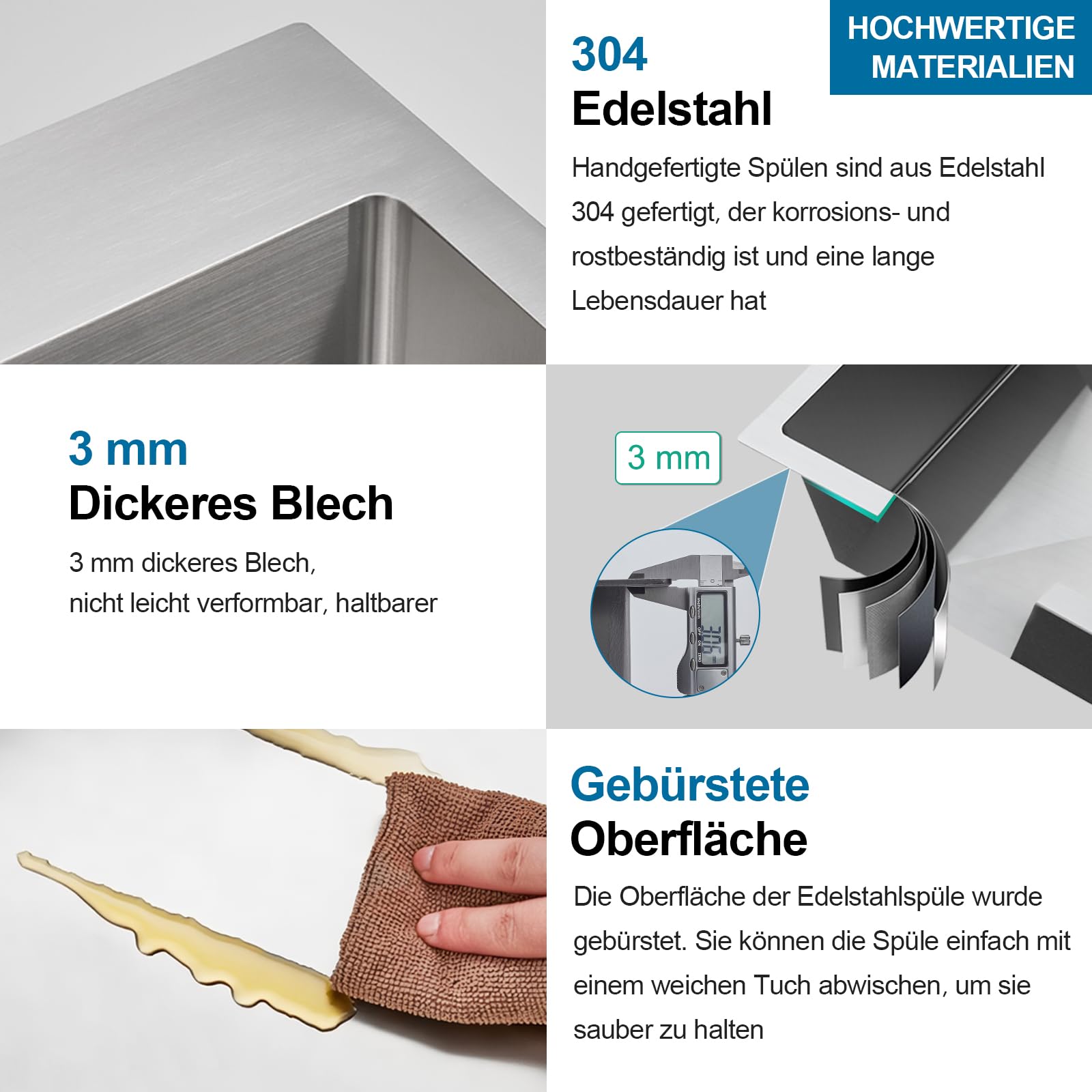 ROVOGO Küchenspüle 40 x 34 cm Edelstahl 304 Gebürstet, Einbauspüle 1 Becken Rechteckig mit Armaturloch, Ablaufgarnitur und Überlauf-Set