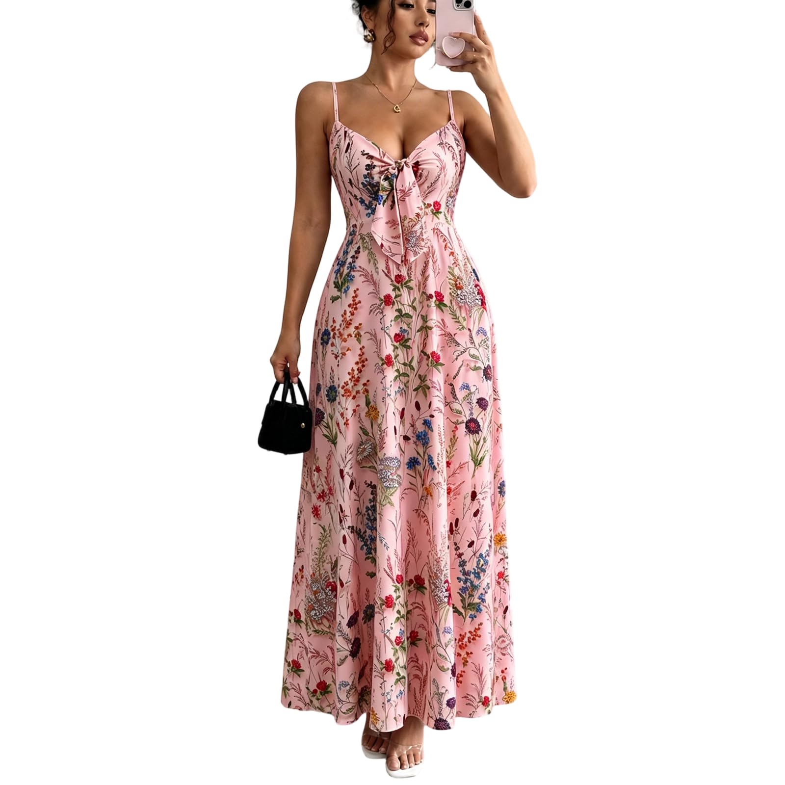 Sommerkleid Damen Lang Boho Elegant Maxikleid Sommer Spaghettiträger Blumen Sommerkleider Leicht Und Luftig Strandkleid V Ausschnitt Tailliert A Linie Kleid Rückenfrei Trägerkleid
