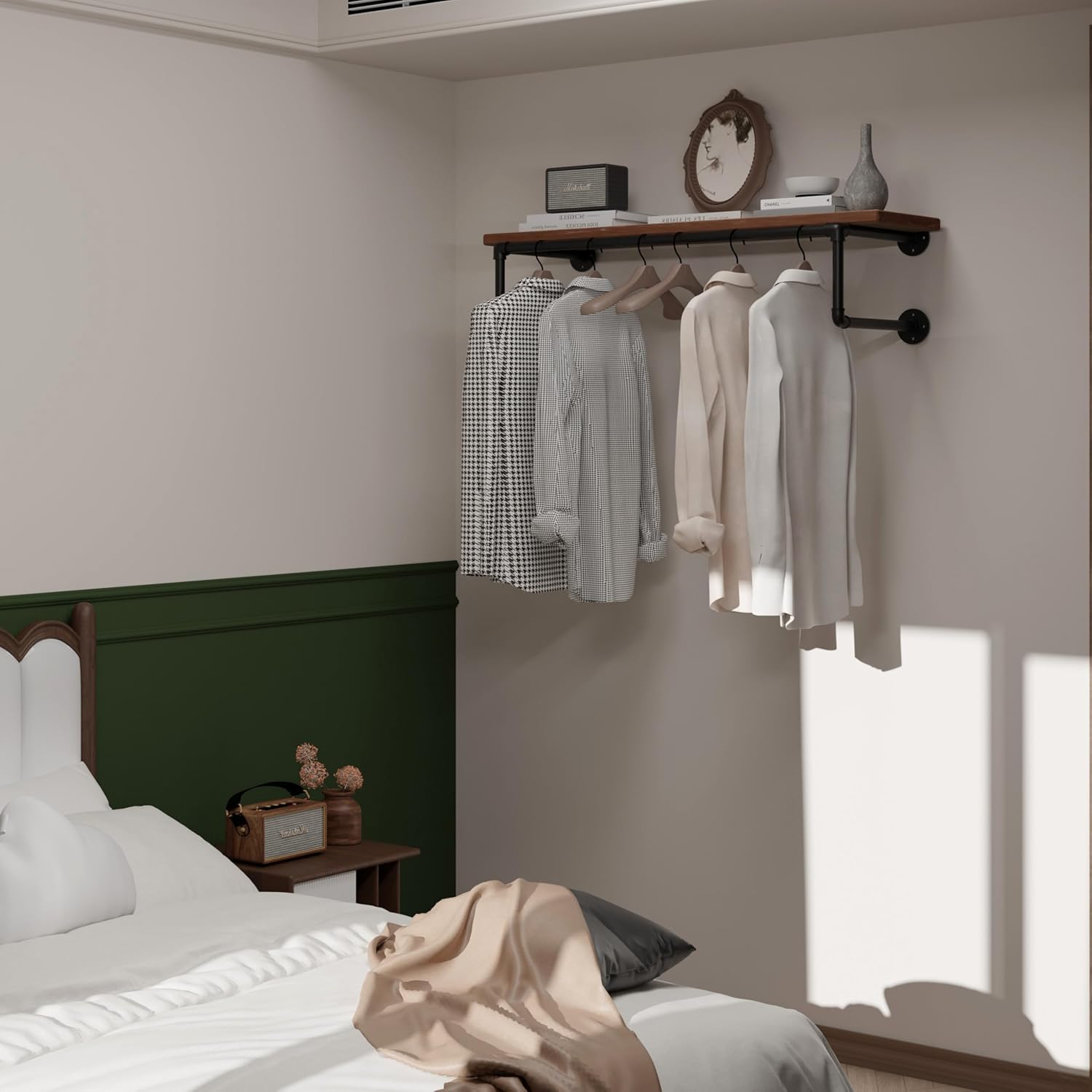 Clothes Rack 36in, Wall Mounted Garment Racks with Brown Real Wood Shelf, Heavy Duty Hanging Clothes Rack, Multi-Purpose Hanging Rod, Space-Saving Closet Storage