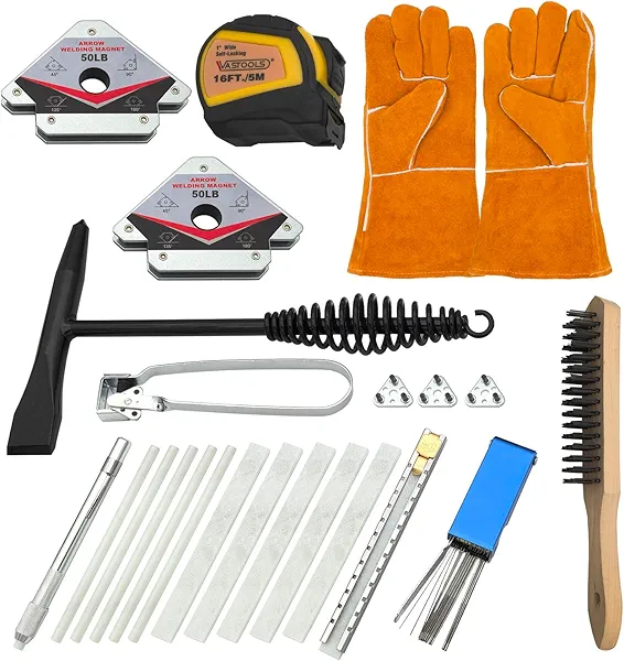VASTOOLS Welding Accessories,23pc,Chipping Hammer,Leather Welding Gloves 13.5",Soapstone Holder,16'x 1"Tape measures,50LB Welding Magnet,Triple Flint Torch Striker,Torch Cleaner,Wire Brush