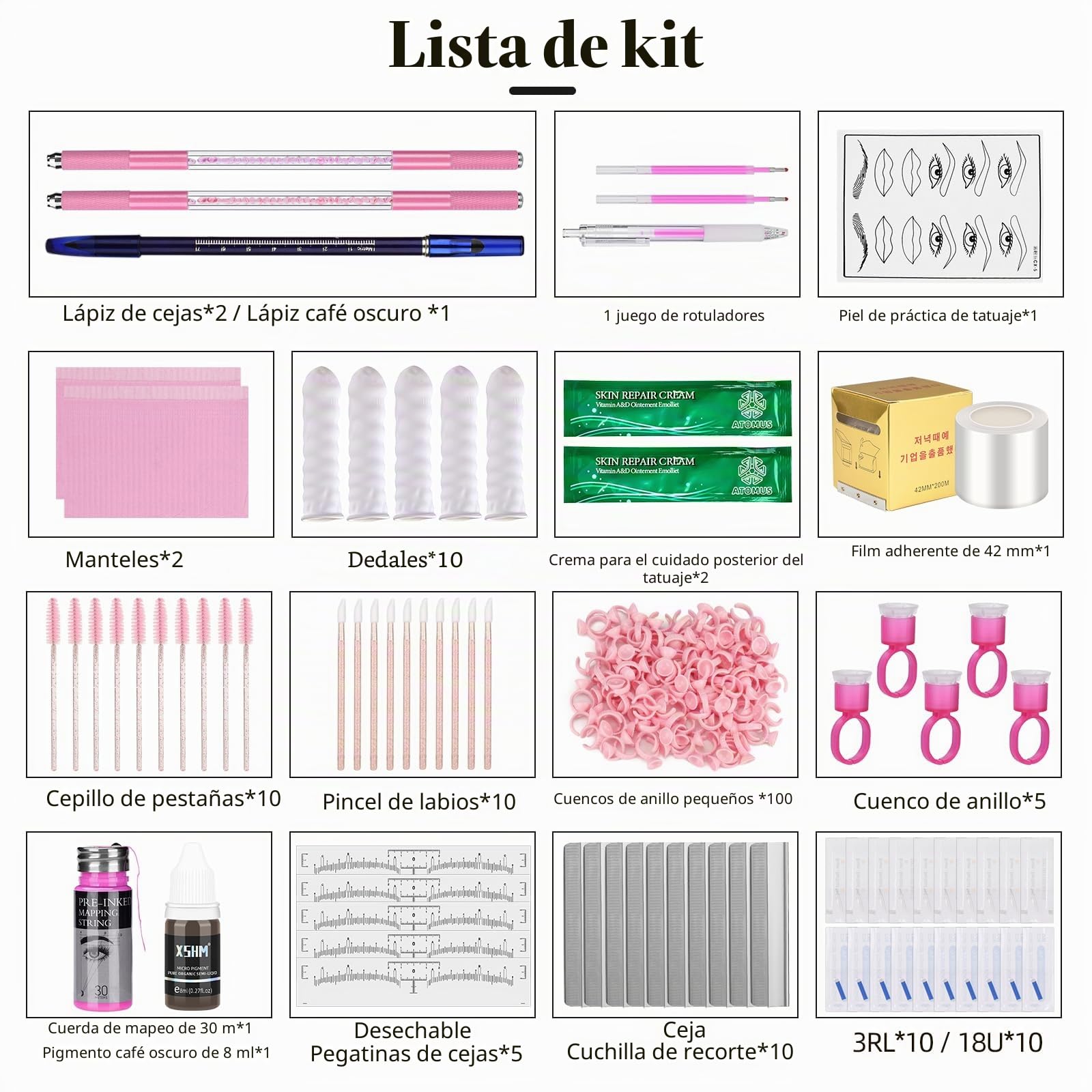 ATOMUS Juego de microblading, rosa, juego completo de lápiz semipermanente, herramienta para tatuaje profesional, cejas, lápiz manual, 18U, 3RL, microhojas para cejas, accesorios de tatuaje