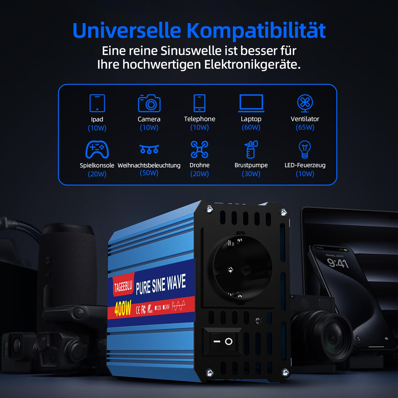 400W wechselrichter 12v auf 230v Reiner Sinus, spannungswandler 12v 230v, Wechselrichter für Fahrzeuge mit Alligatorclip, AC Steckdose und LCD Bildschirm
