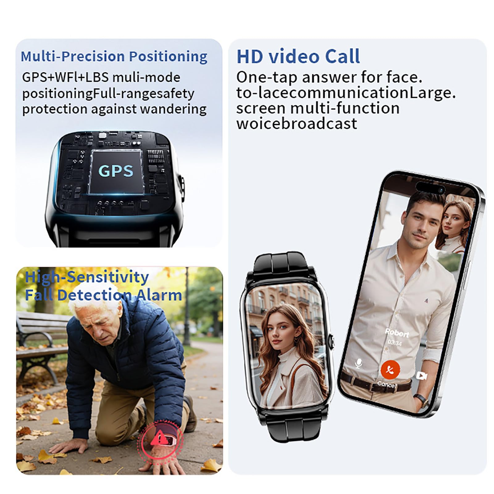 Montres Connectées Pour Personnes Âgées, Détection Des Chutes, Localisation GPS, Appel D'urgence SOS, Adaptées Aux Personnes Atteintes De La Maladie D'alzheimer, De Démence Ou D'autisme White