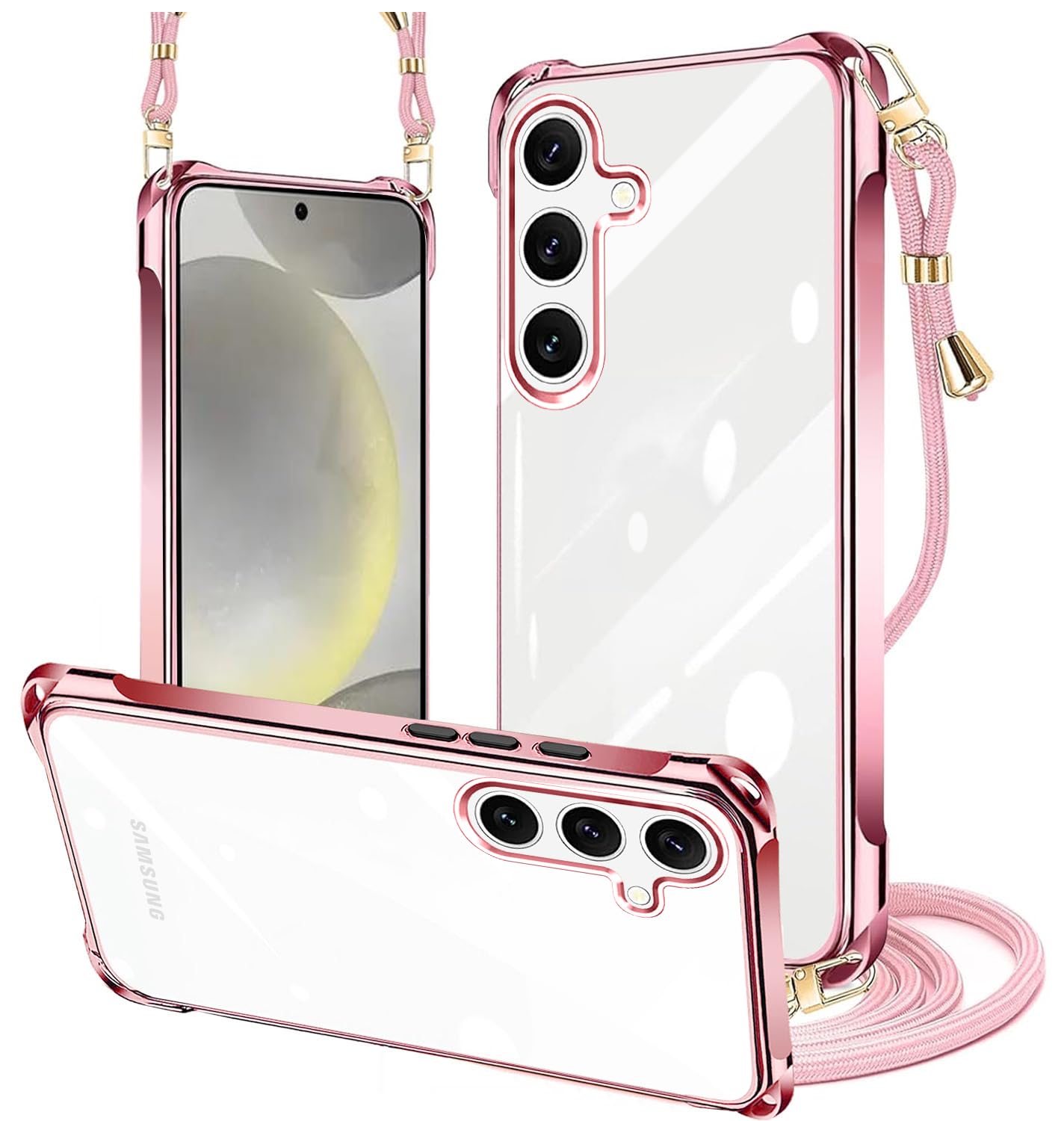 PAILAIMEN Galaxy s24 /s25 ケース クリア ネック ショルダー SC-51E/SCG25 ケース 耐衝撃 対応 サムスン ギャラクシー S24/s25 スマホケース 肩掛け 斜めかけ 縄掛け カバー メッキ加工 透明 TPU 薄軽型 ストラップ付き 携帯ケース ネックストラップ ショルダー 肩掛け 長さ調整可能 取り外し可能 落下防止（ローズゴールド)