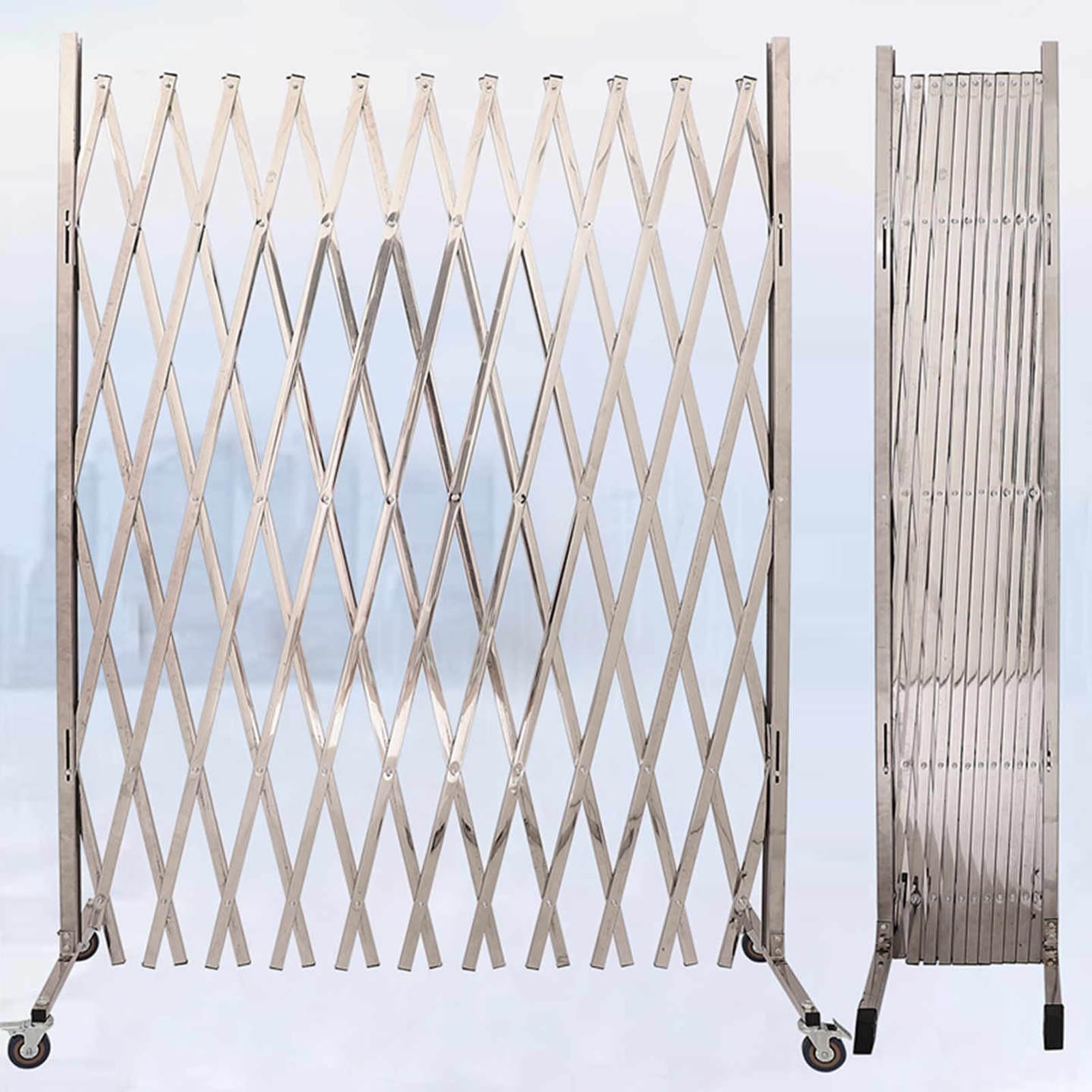 Puerta de seguridad de metal expandible con ruedas, valla de acero de 4.9 pies para obras de construcción y uso al aire libre, valla plegable para seguridad vial y control de acceso