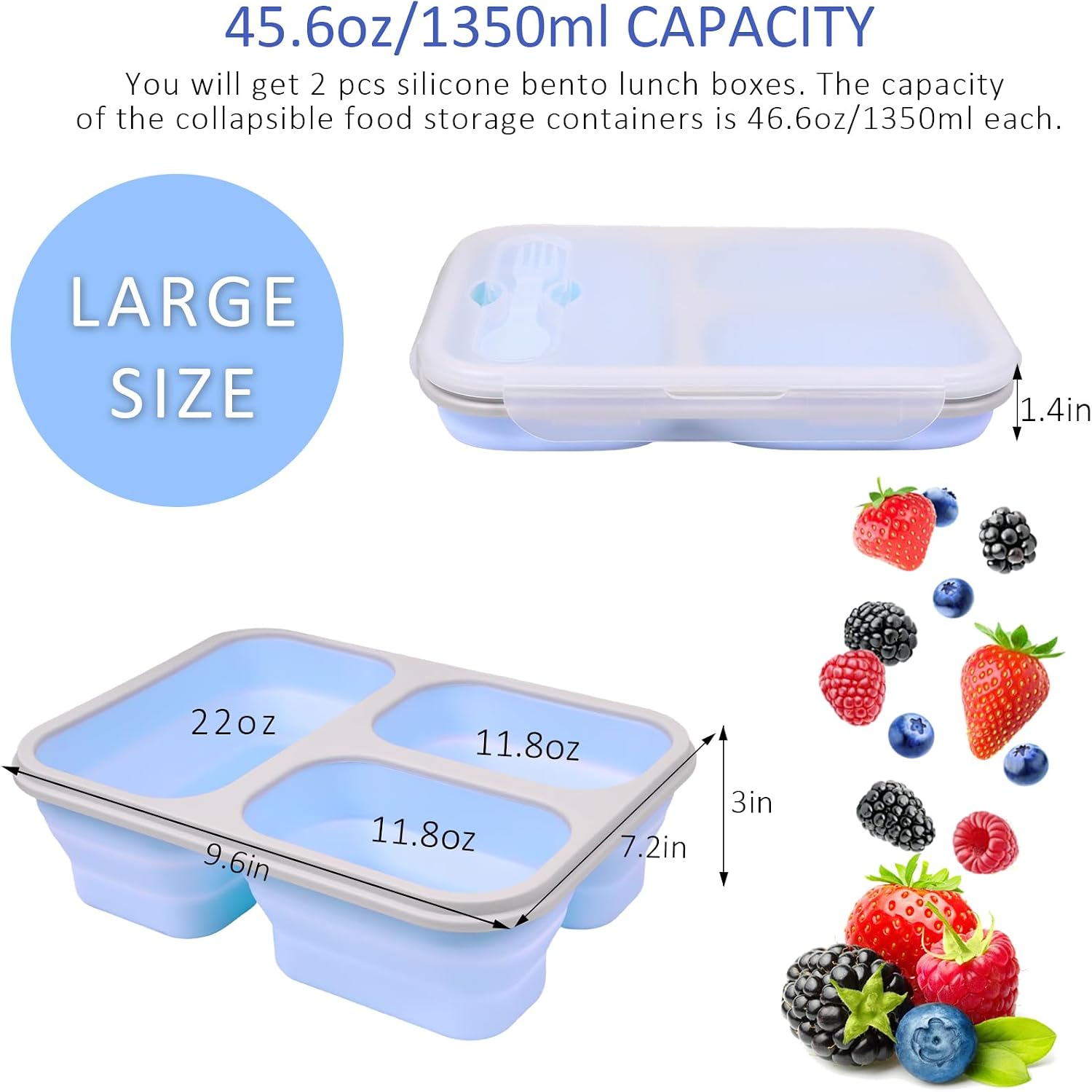 Large Collapsible Silicone Bento Lunch Box, 2 Pack with 3 Compartments Each,45.6oz Food Storage Containers with Spoons Forks, Portable for Work, Picnic, Travel, BPA Free（Blue+ Purple）