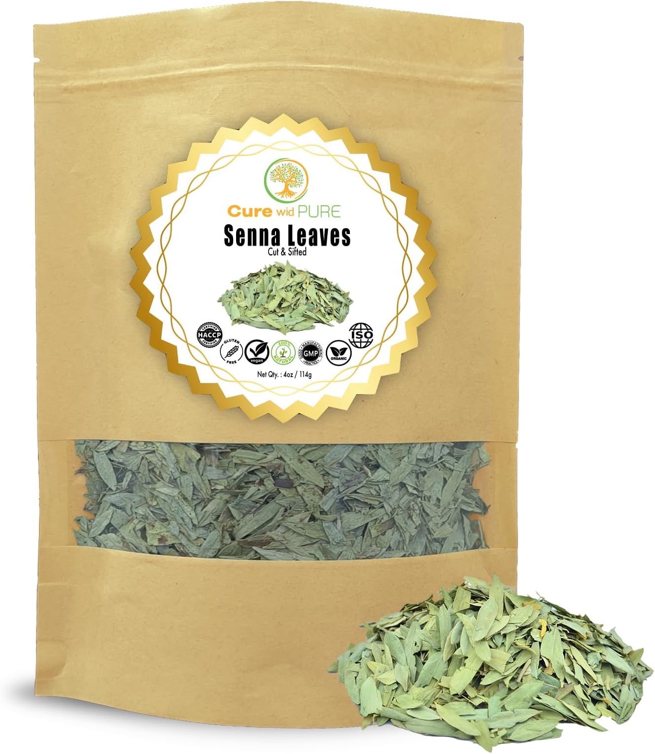 Cure Wid Pure Certified Organic Dried Senna Leaves 4oz Resealable Pack - Non-GMO Organic Senna Tea For Constipation Relief - Senna Leaf Tea To Support Digestion & Regulate Bowel Movements Hojas De Sen