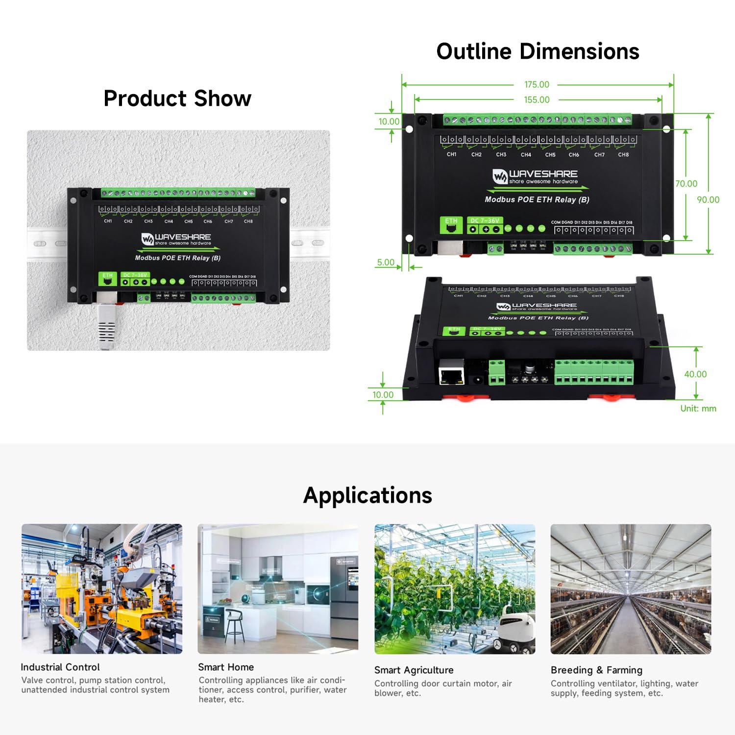 Waveshare 8-Ch Ethernet Relay Module (B) with Digital Input, Modbus RTU/Modbus TCP Protocol, PoE Port Communication, with Various Isolation and Protection Circuits, Industrial Grade Rail-Mount Case