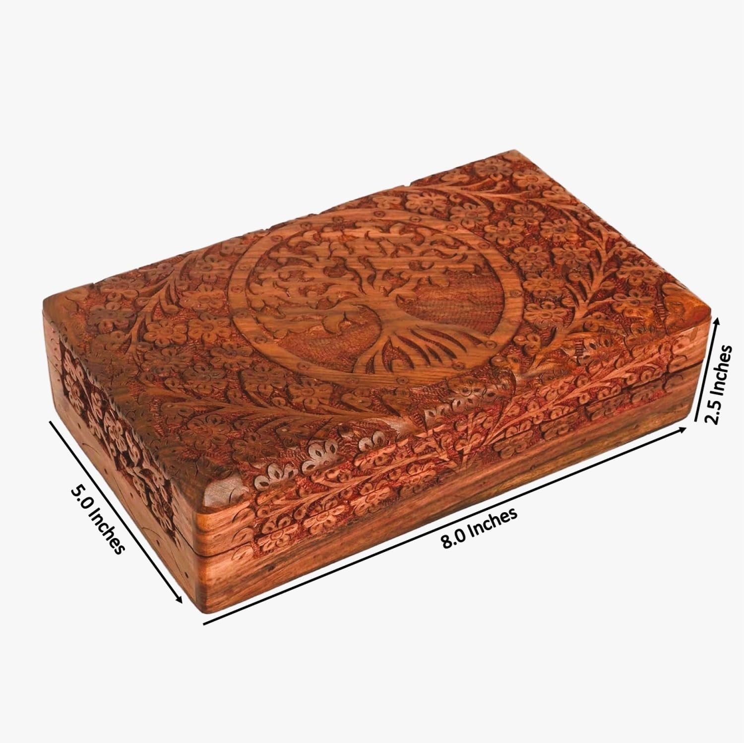 Handcarved Wooden Decorative Treasure Chest Box 8 x 5 Inch Brown Tree Of Life Pattern - Multipurpose Use as Sister gifts for Jewelry Storage, Watch Box, Grandma Gifts