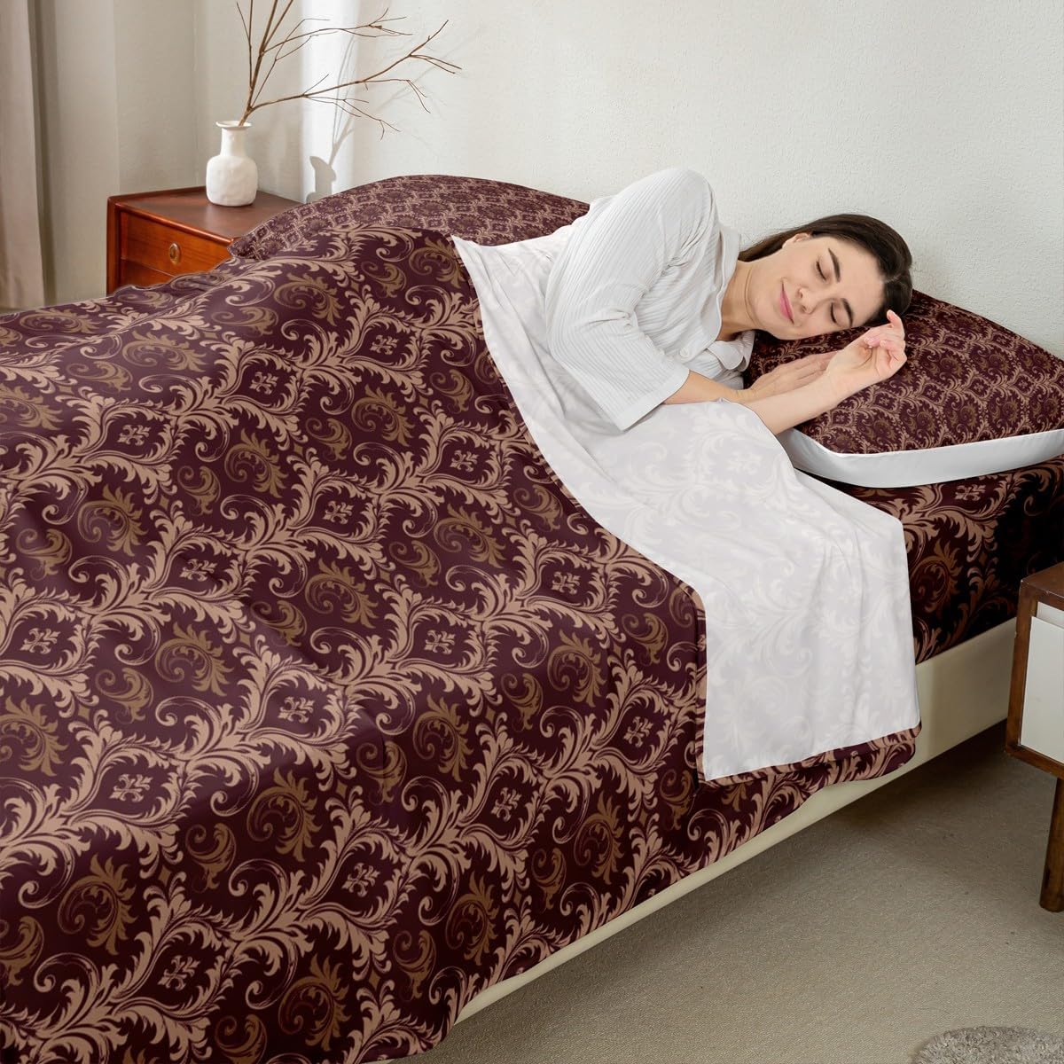 jejeloiu Gothic Damask Bed Sheets Set Twin Size Scrollwork Bed Set for Kids Boys Girls Brown Deep Pocket Fitted Sheet Vintage Floral Breathable Soft Lightweight Microfiber