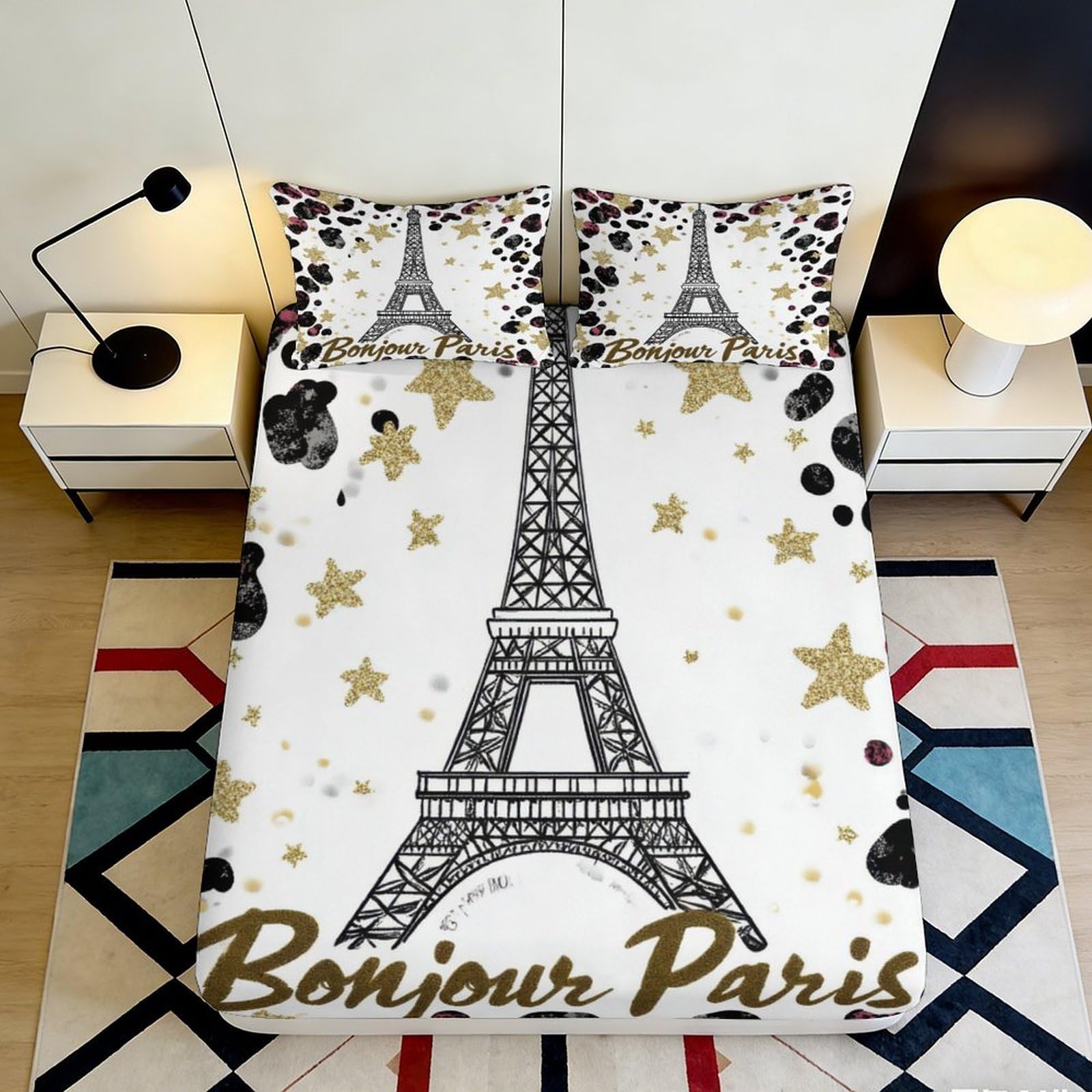 3D Printed Paris Eiffel Tower Fitted Sheet Microfiber Soft Breathable Star Pattern Bed Cover for Bedroom Dormitory Guest Room Mattress Protection 140x200x25cm