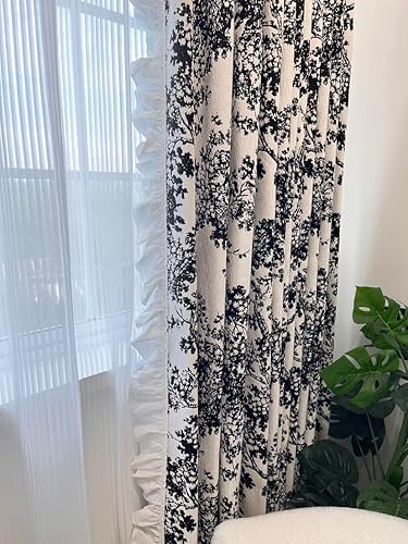 Cortinas negras de 84 pulgadas de largo para sala de estar, patrón jacquard opaco, patrón floral moderno en blanco crema, cortinas para tratamiento