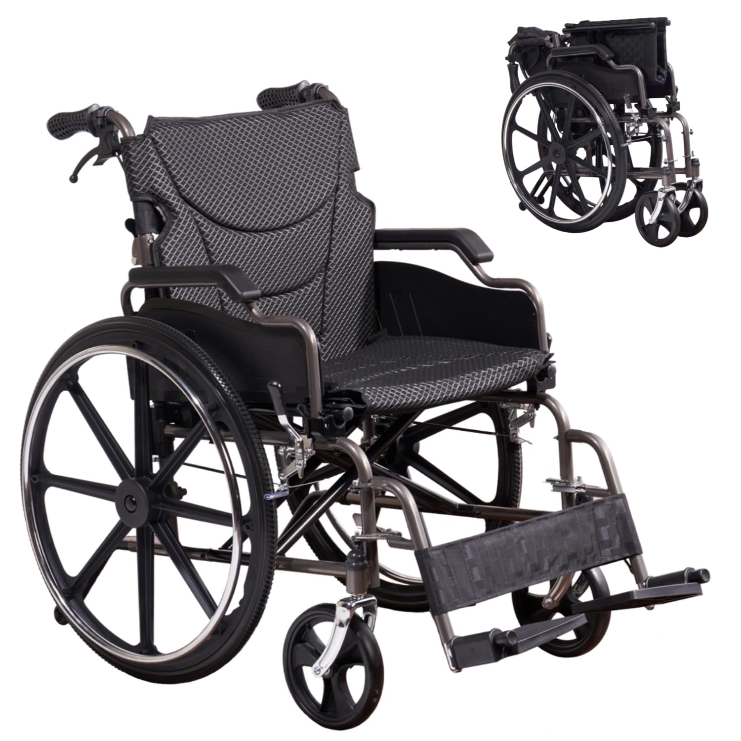 Heavy-Duty Transport Wheelchair for Adults - Dual X-Force Support, Double Brakes, 350LBS Capacity, 24" Quick-Release Pu Tires for All Terrains, 20"