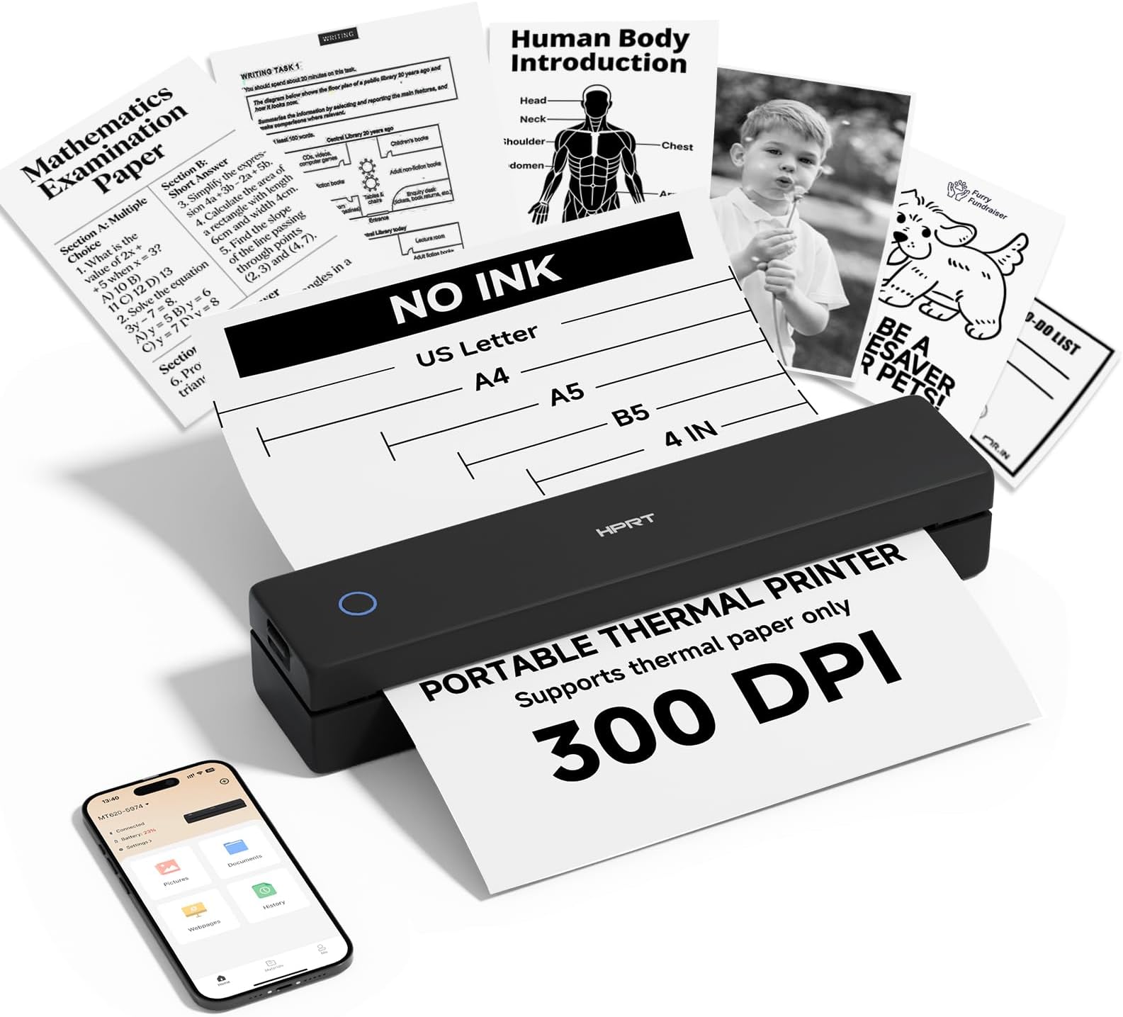 Inkless Portable Printer Wireless for Travel,Thermal Printer Supports 8.5" x 11" US Letter&A4&A5,Compatible with iOS,Android, Laptop, MT620 Pro,300 DPI,Black