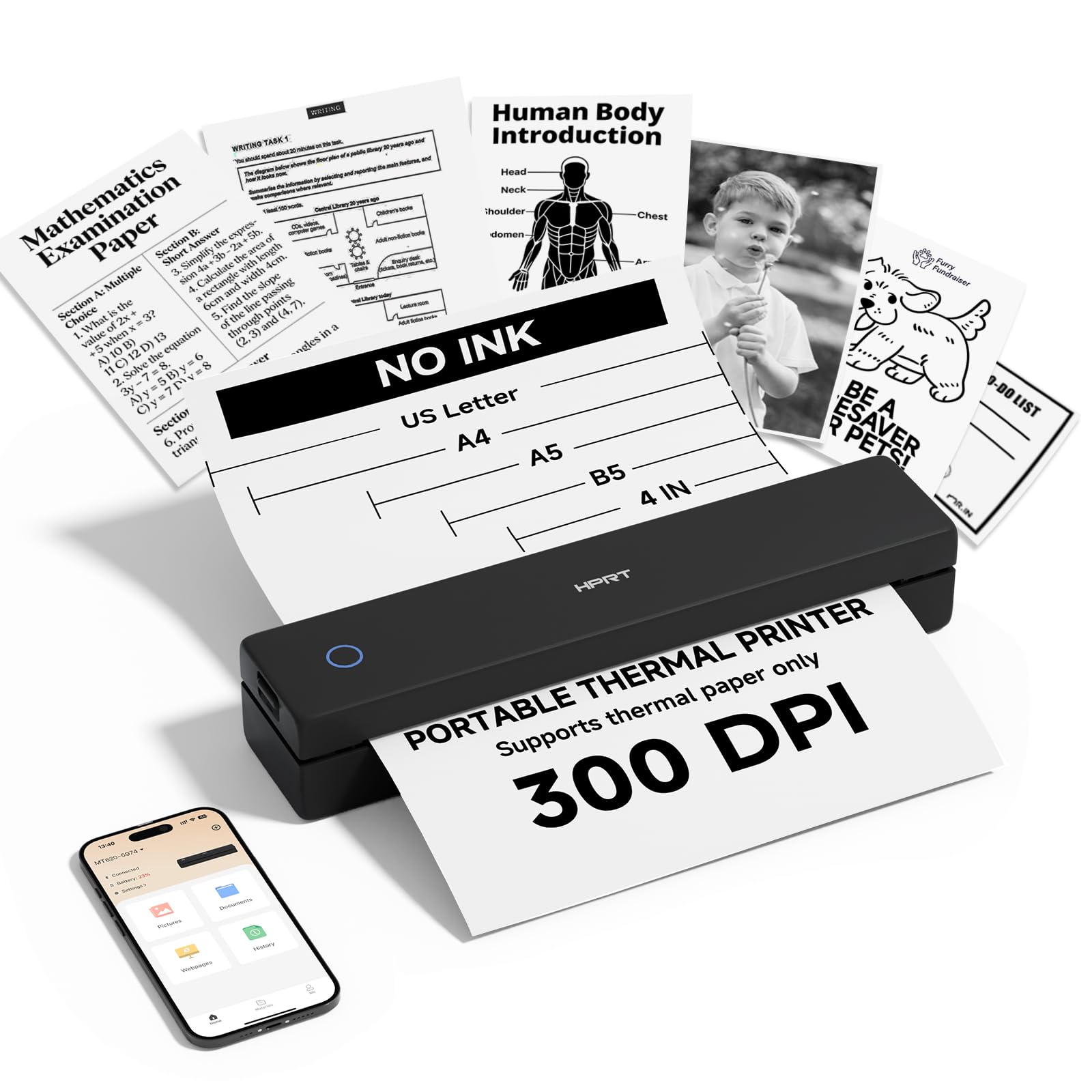 Inkless Portable Printer Wireless for Travel,Thermal Printer Supports 8.5" x 11" US Letter&A4&A5,Compatible with iOS,Android, Laptop, MT620 Pro,300 DPI,Black