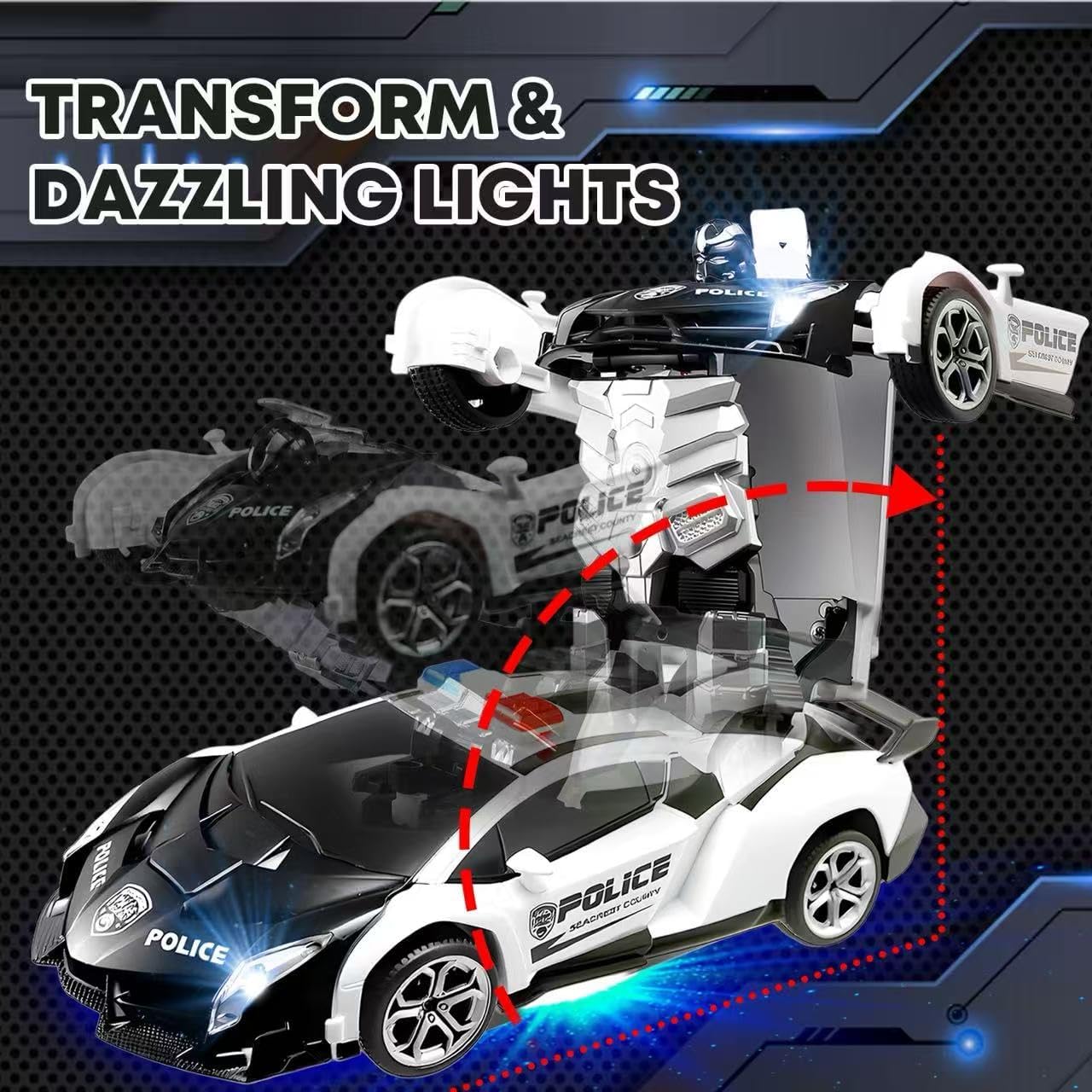 Transforming Remote Control Car, 2.4Ghz Transform Robot Toys for Boys 3-8 Years Old, 2 Rechargeable Batteries, RC Police Car with Lights, Deformation 360°Rotating Race Kids Toys Gifts