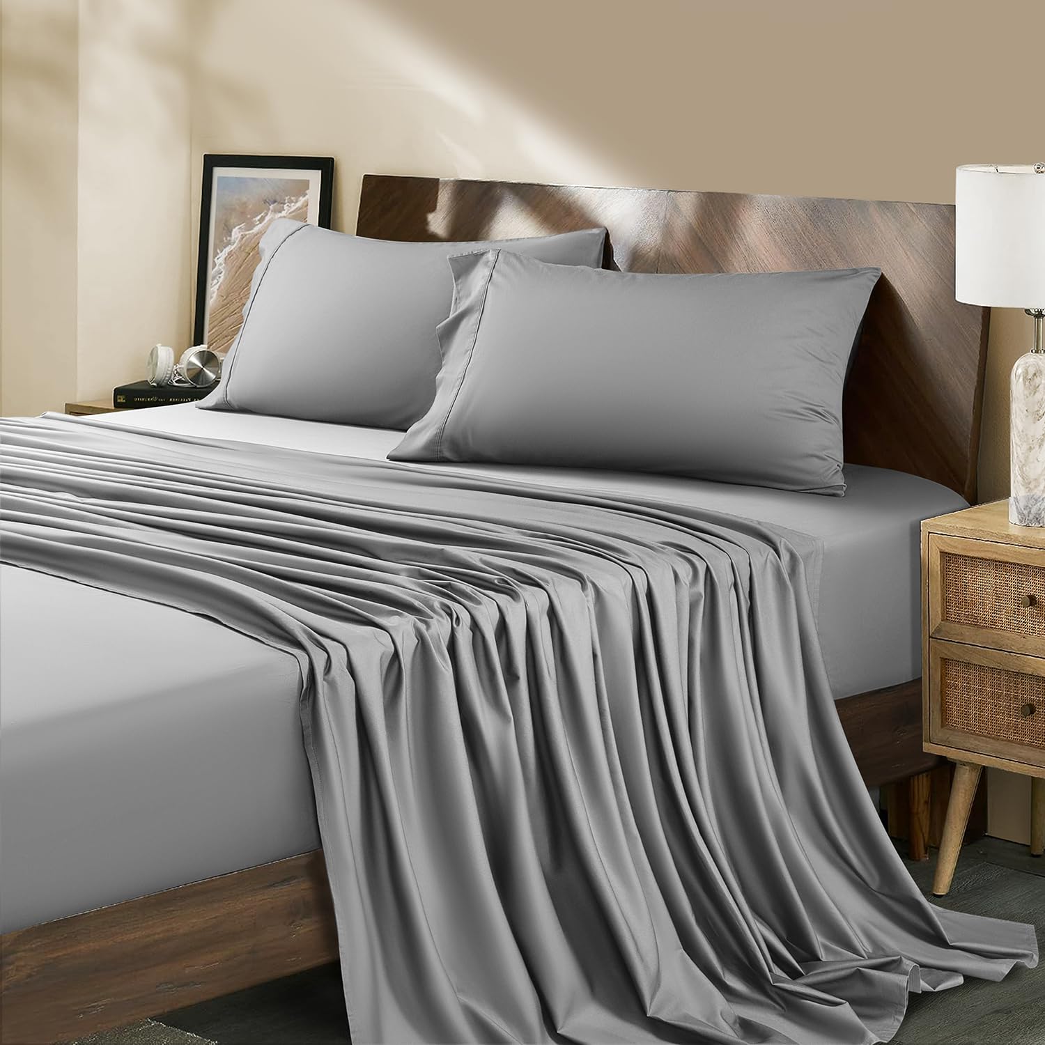 Shilucheng100% Egyptian Cotton King Size Sheets Set - 1000 Thread Count，Luxury Cotton Bed Sheets，Breathable & Cooling Bedding and Pillow Cases, 16 Inch Deep Pocket - 4 Piece (King, Grey)OEKO-TEX STANDARD 100