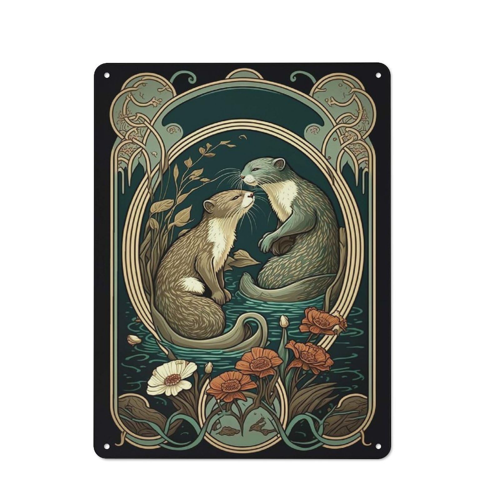 Junmoney Otters British Wildlife Rustic Tin Sign 40X30cm Featuring For Café Or Home Bar, Gift Idea At Christmas For Hospitality Decor Collectors