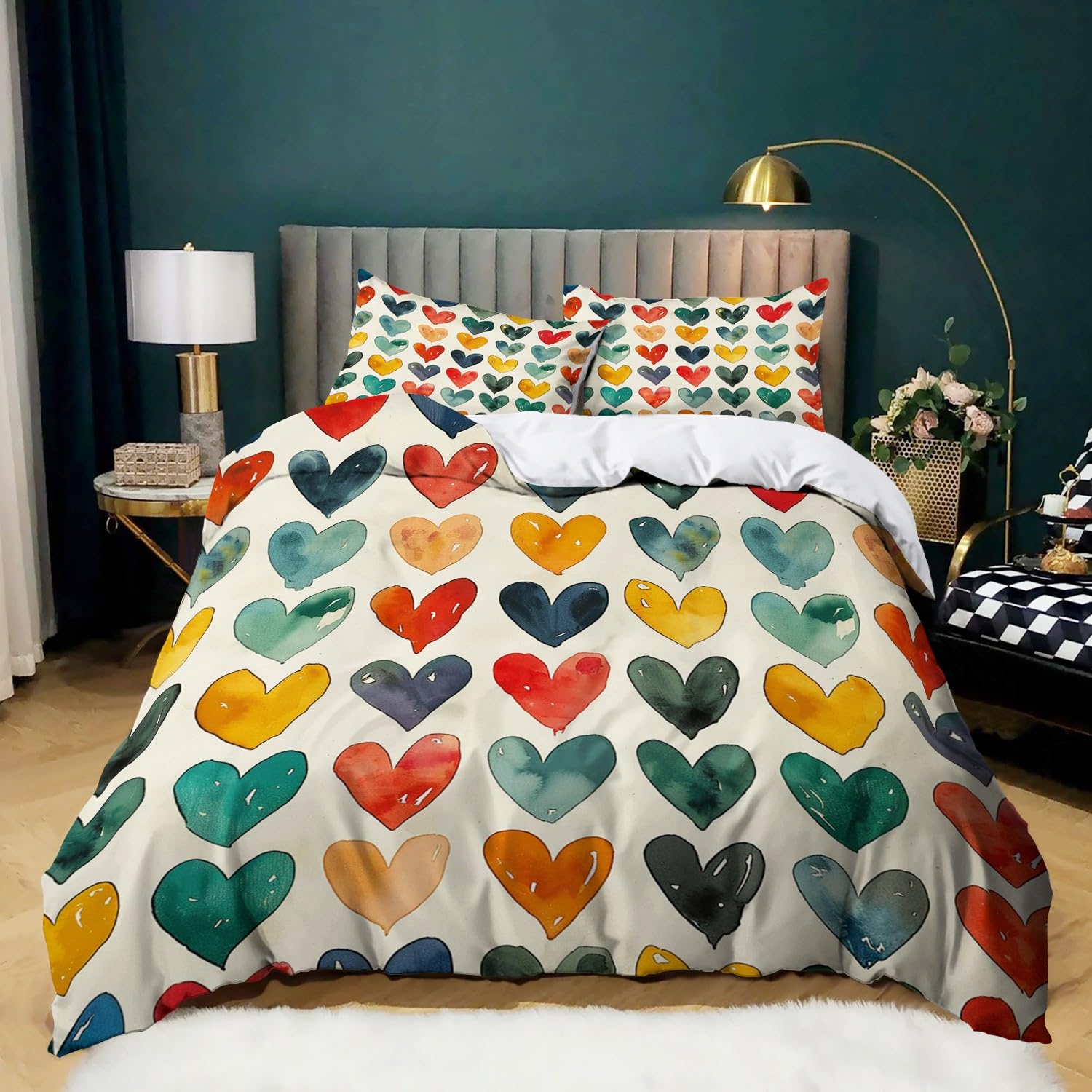 Biancheria da letto colorata, 240 x 220 cm, per bambini, ragazzi e adolescenti, per letto singolo, blocco d'amore, copripiumino stampato, con chiusura lampo e federa da 80 x 80 cm