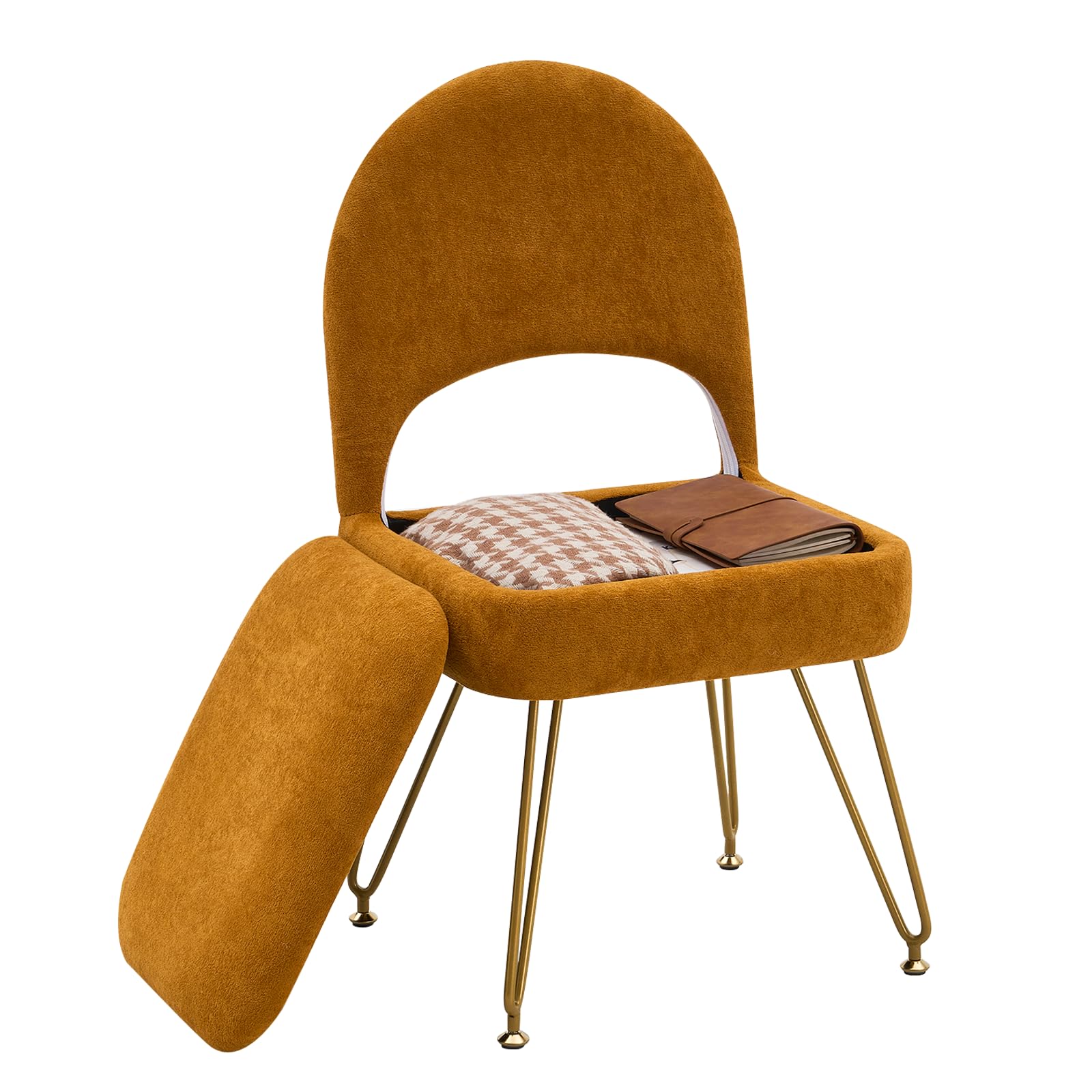 Photo 1 of WROCFURSTAR Vanity Stool Chair with Folding Back, Storage Ottomans Faux Fur Vanity Chair, Multifunctional Upholstered Footstool with 4 Metal Legs with Anti-Slip Feet for Bedroom Living Room Entryway