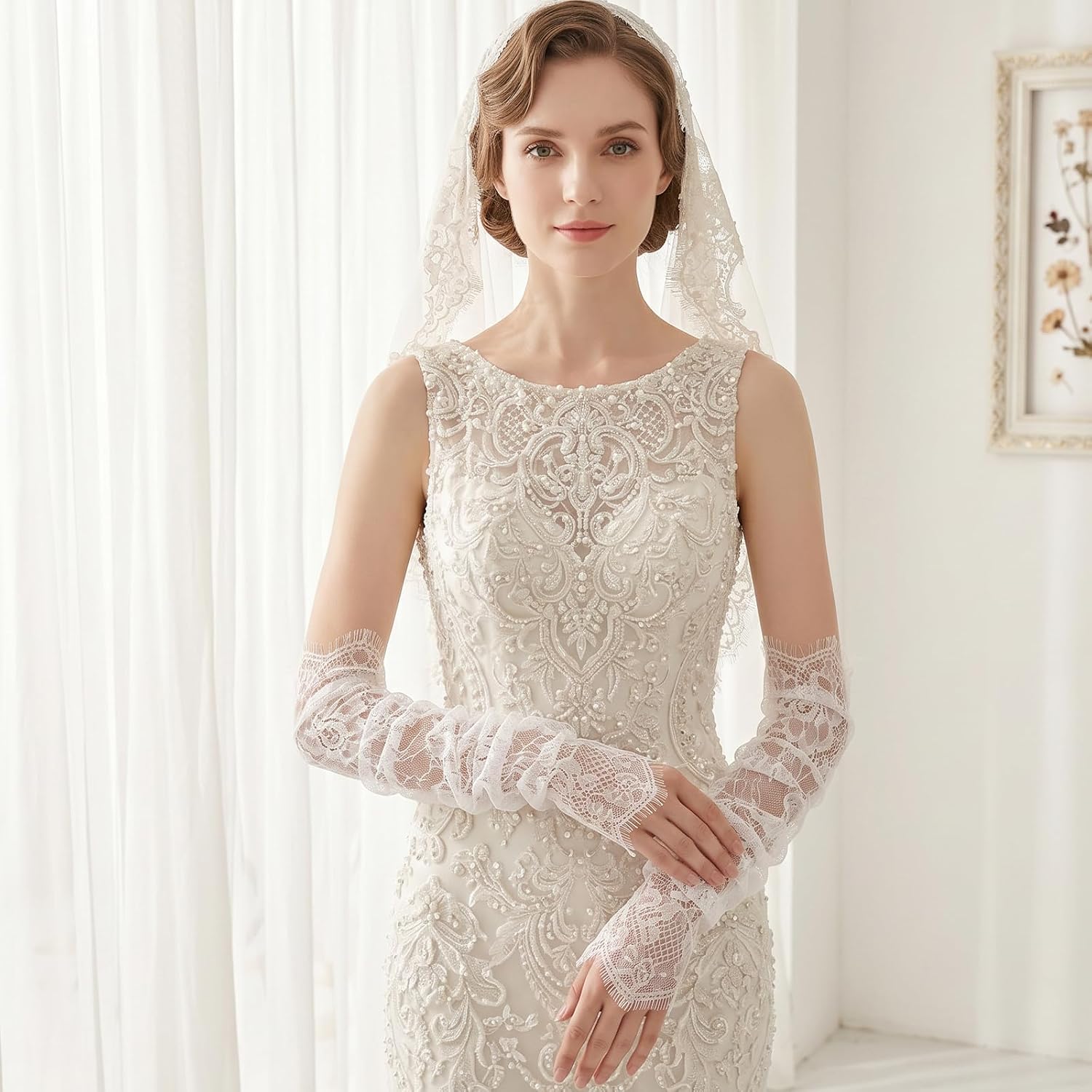 Long Sheer Lace Arm Sleeves Lace Sleeves for Wedding Dress | Detachable Sleeves For Wedding Dresses ，Fingerless Gloves For Bride And Special Occasion Elegant Floral Arm Covers