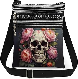 Skull with Pink Peonies Print Crossbody Bag Adjustable Strap Lightweight Purse for Adult Outdoor Travel Casual Daily Use Messenger Bag Unique Halloween Birthday Present for Her