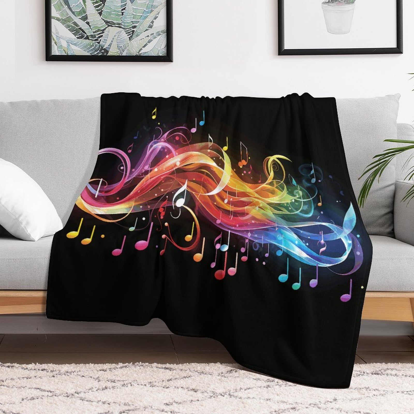 Couverture polaire flanelle douce musique arc-en-ciel : jeté de lit et canapé léger