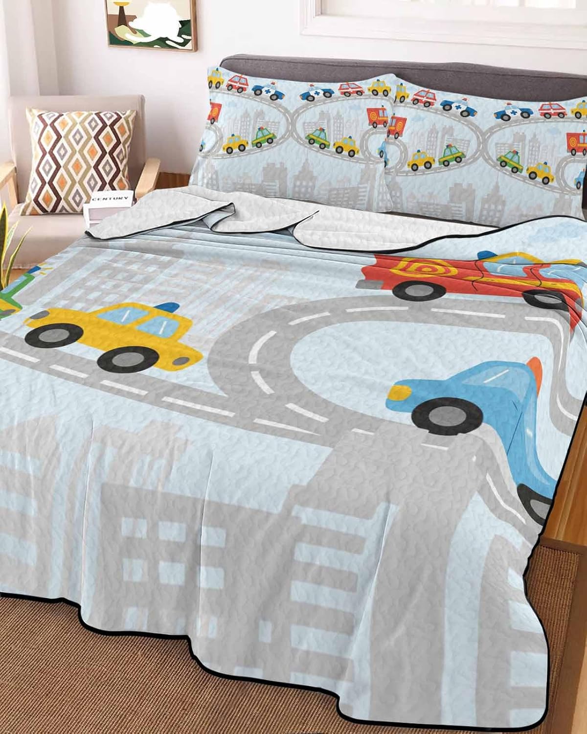 Twin Quilt Bedding Set, Blue Childlike Fun Lightweight Summer Quilt 3 Pieces Bedding Sets, Abstract Modern City Car Silhouette Reversible Soft Bedspreads Coverlets with 2 Pillow Shams for All Season