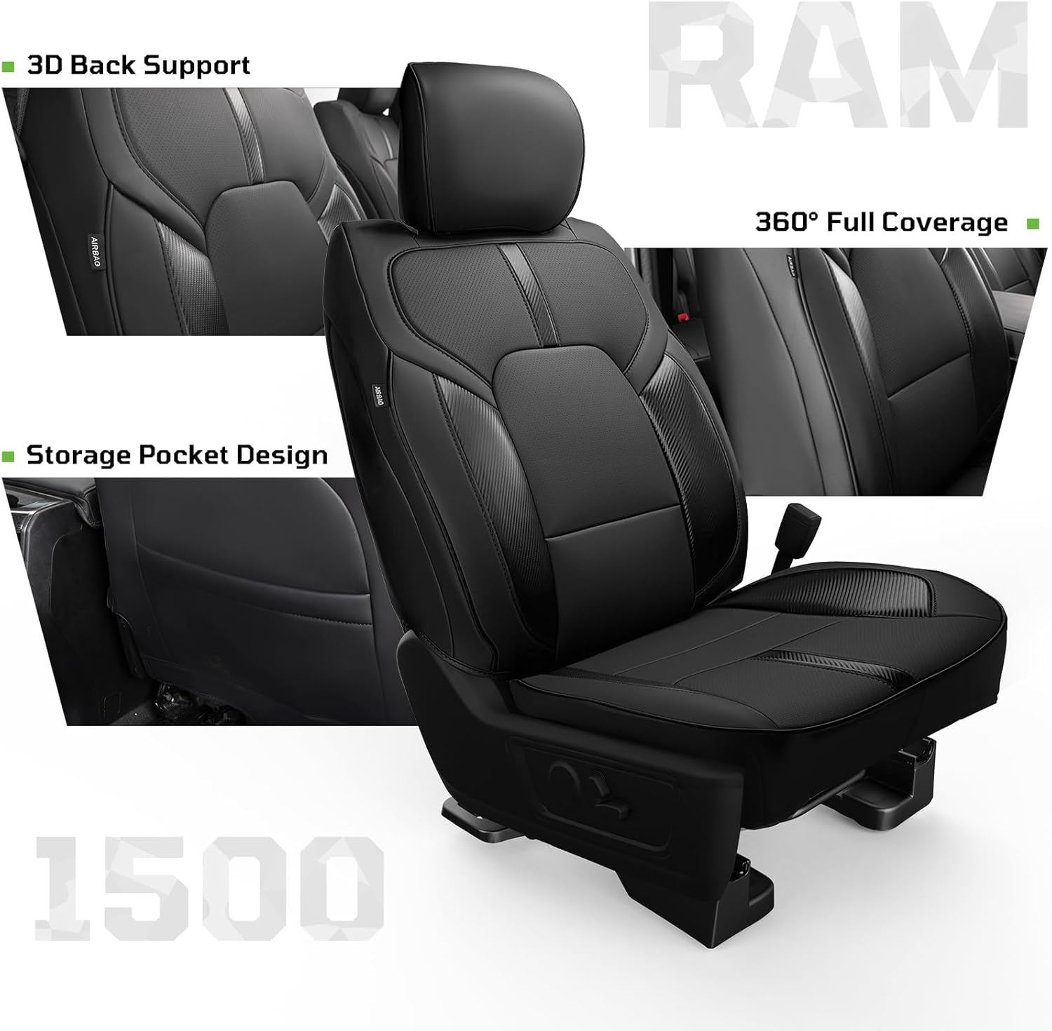 Fit for Dodge 2019-2026（5th） Ram 1500 Crew Cab Car Seat Covers,Custom Leather Truck Car Seat Covers Full Set,Ram 1500 Seat Covers for Big Horn,Lone Star Bucket Seats, Rebel,Sport(Black)