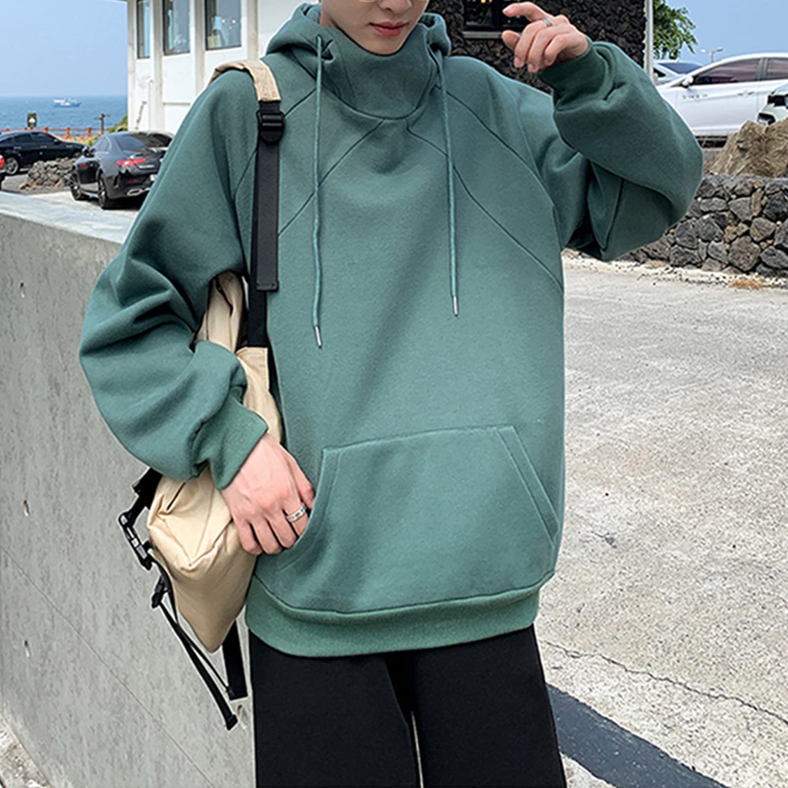 Maiyifu-GJ Men's Solid Turtleneck Athletic Hoodies Casual Hip Hop Loose Fit Hooded Sweatshirt Long Sleeve Pullover Hoodies (Green,4X-Large)