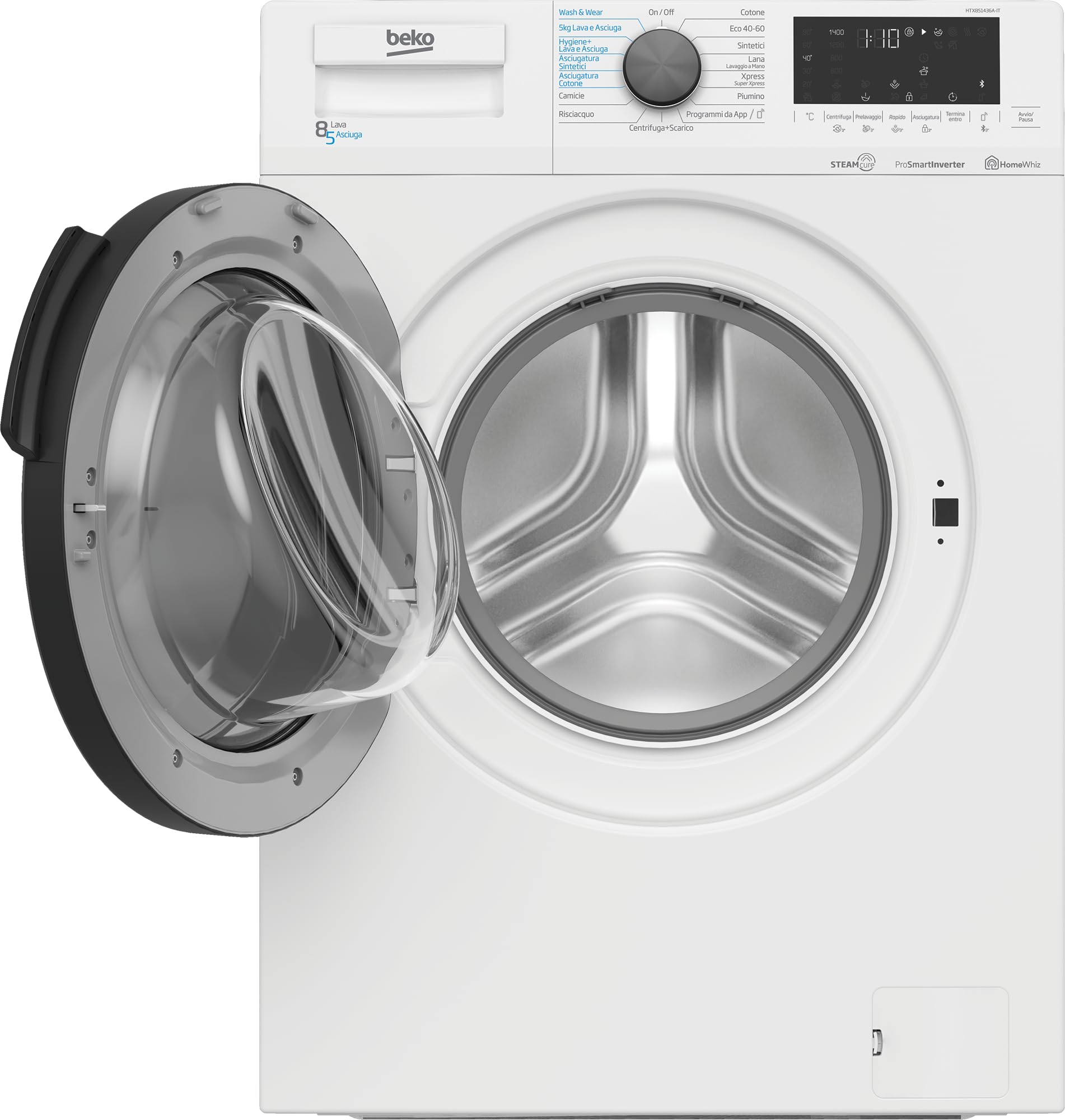 Beko - HTX851436A-IT - Lavasciuga Standard, 8/5Kg, 1400giri, Classe di lavaggio C, Vapore SteamCure, Bluetooth, Dimensioni HxLxP:84x60x59cm. Profondità solo mobile: 54cm