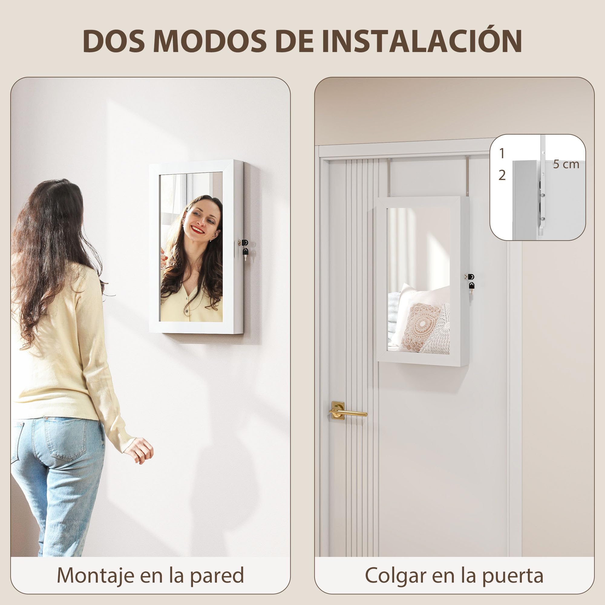 HOMCOM Espejo Joyero de Pared Armario para Joyas con Cerradura y Varios Compartimentos Montar en Pared o Puerta para Pendiente Collar Anillo Pulsera Blanco y Forro Crema