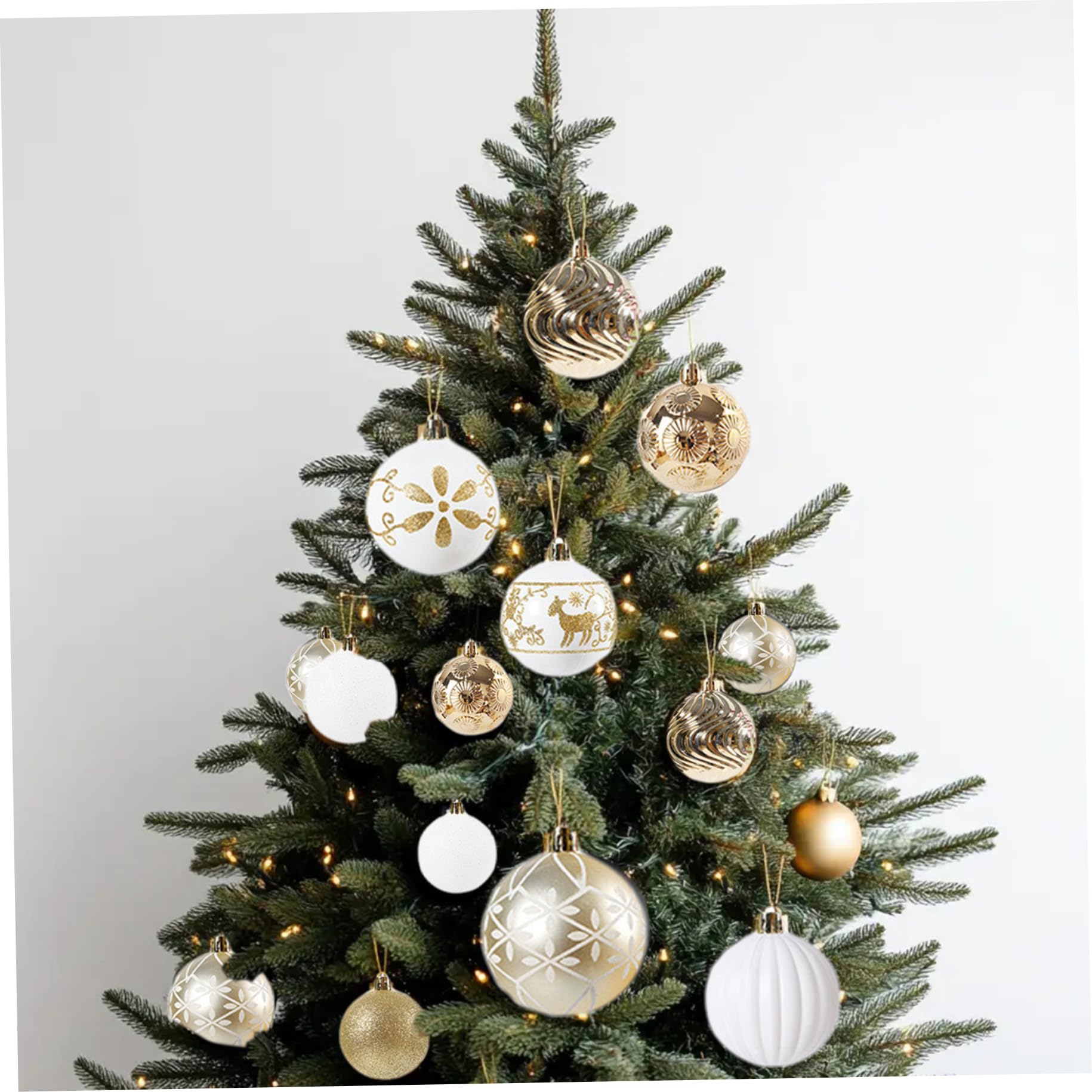 34 Unids/Caja Bolas de Navidad 2.4 Adornos de Bolas de Navidad con Purpurina de PVC irrompibles con Lazo para Colgar para Fiesta navideña Guirnalda de Corona de árbol de, Oro Blanco.