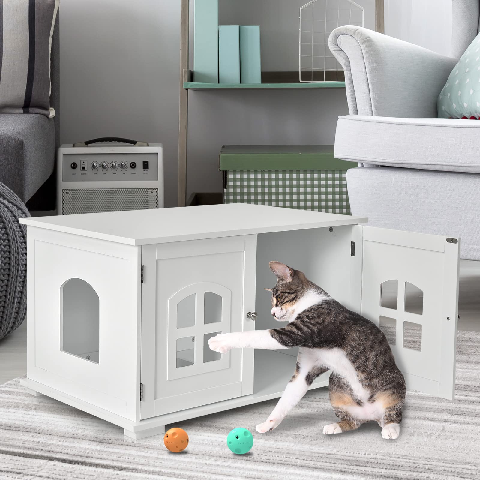 GOPLUS Casa para Gatos, Inodoro para Gatos con Separador Interior extraíble, Armario para Gatos con Orificio de Entrada y Ventana de Cruz y 2 Puertas magnéticas, 81 x 53 x 49 cm (Blanco)